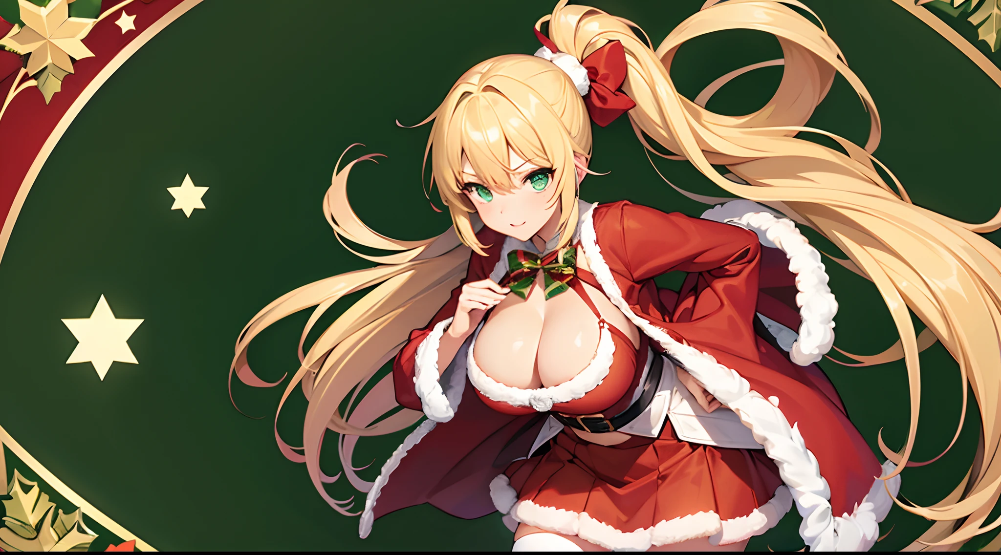 1 girl, game CG, Santa Claus costume, short skirt, cleavage visible, hair scrunchie, gigantic breasts, blonde, middle hair, side ponytail, green eyes, Christmas background,