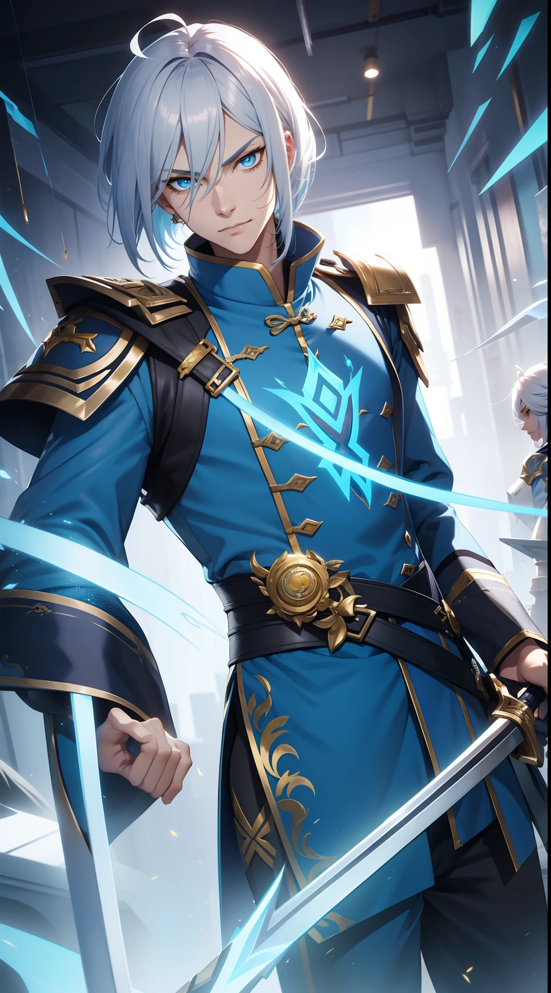 Tall guy, Silver hair in a bob, Cyan eyes, smirk, grace, Beautiful blue Chinese combat jacket, Gold Elements, black tight pants, Chinese Sword, Blue finch, Ling(Mobile Legends), hiquality, 4k, HD, Good detail