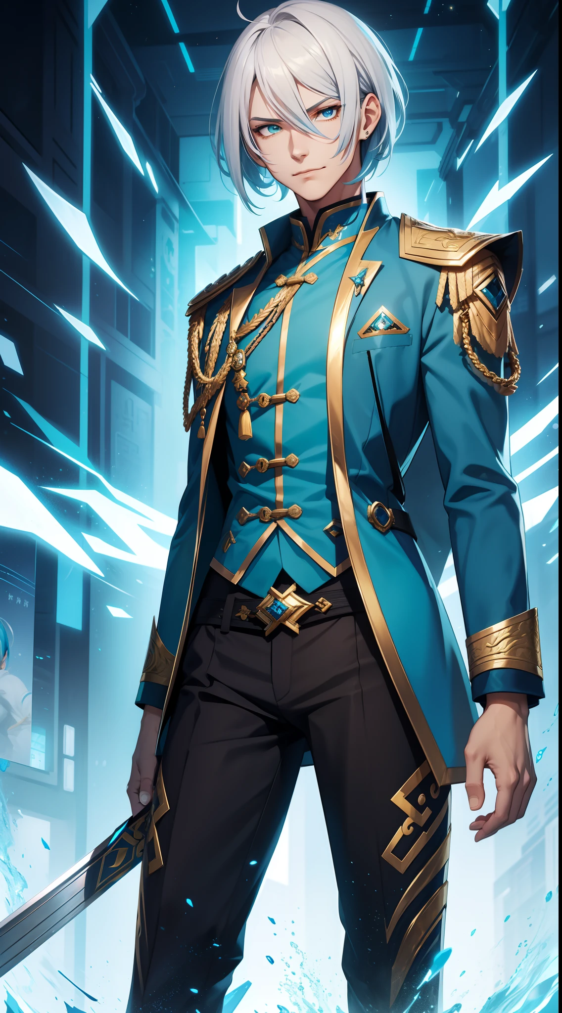 Tall guy, Silver hair in a bob, Cyan eyes, smirk, grace, Beautiful blue Chinese combat jacket, Gold Elements, black tight pants, Chinese Sword, Blue finch, Ling(Mobile Legends), hiquality, 4k, HD, Good detail