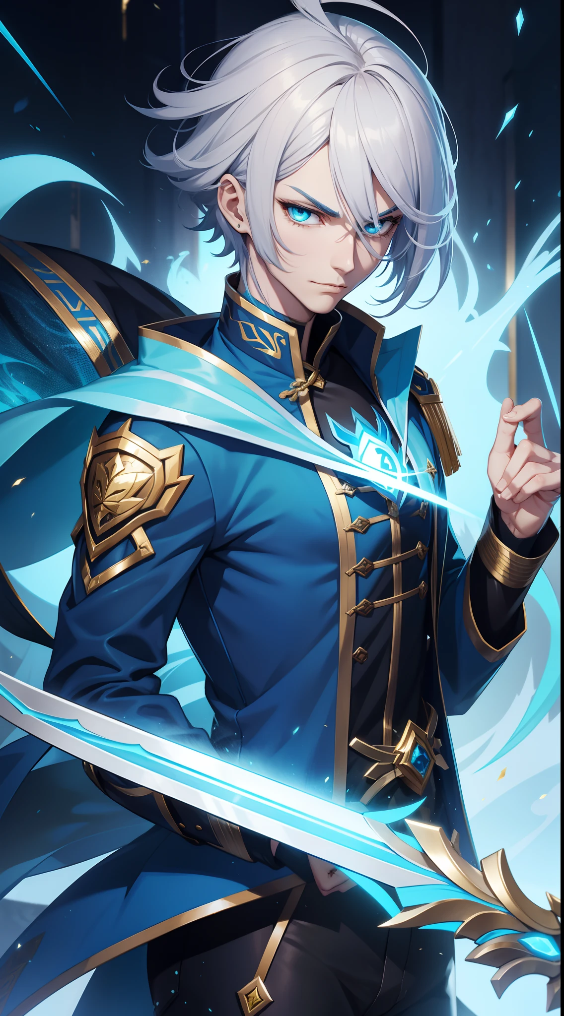 Tall guy, Silver hair in a bob, Cyan eyes, smirk, grace, Beautiful blue Chinese combat jacket, Gold Elements, black tight pants, Chinese Sword, Blue finch, Ling(Mobile Legends), hiquality, 4k, HD, Good detail