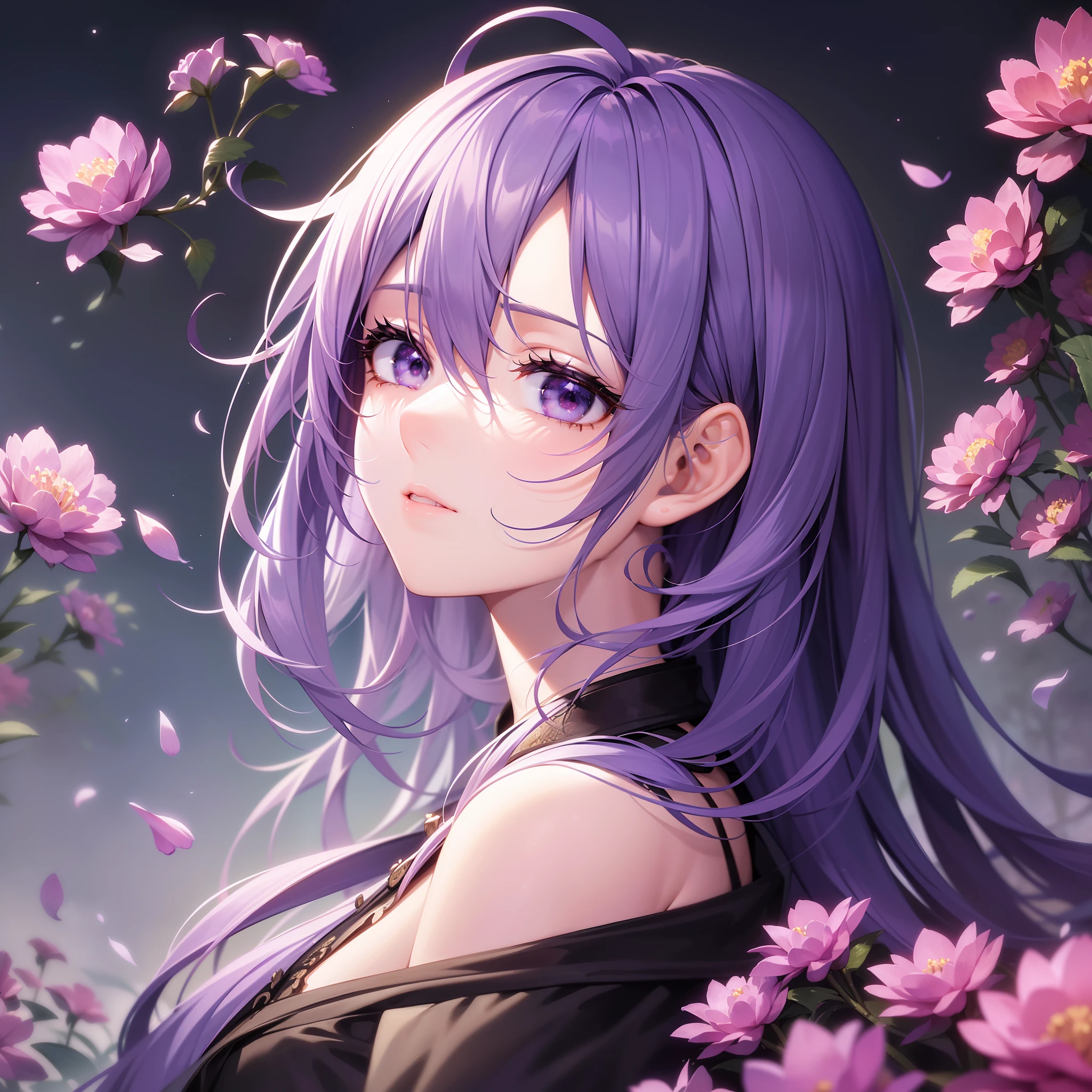 Starry sky, Moon, Clouds, Maiden looking up at the starry sky, Long hair, field, (((Blue-violet lot))), ((A lot of peony flowers)), ((vine)), ((fronds)), ((intricate image)), (Detailed depiction))), (Delicate face))), Brilliant colors, (((Ultra-fine hair drawing)))), (High definition of hair)), (((Ultra-fine))), Anime style, Chiaroscuro, depth of fields, Backlight, Full body image, Motion Video, stereoscopic perspective, masutepiece, (( Super Detail)), high detailing, High quality, 4K, Best Quality, High resolution, ((InkStyle))