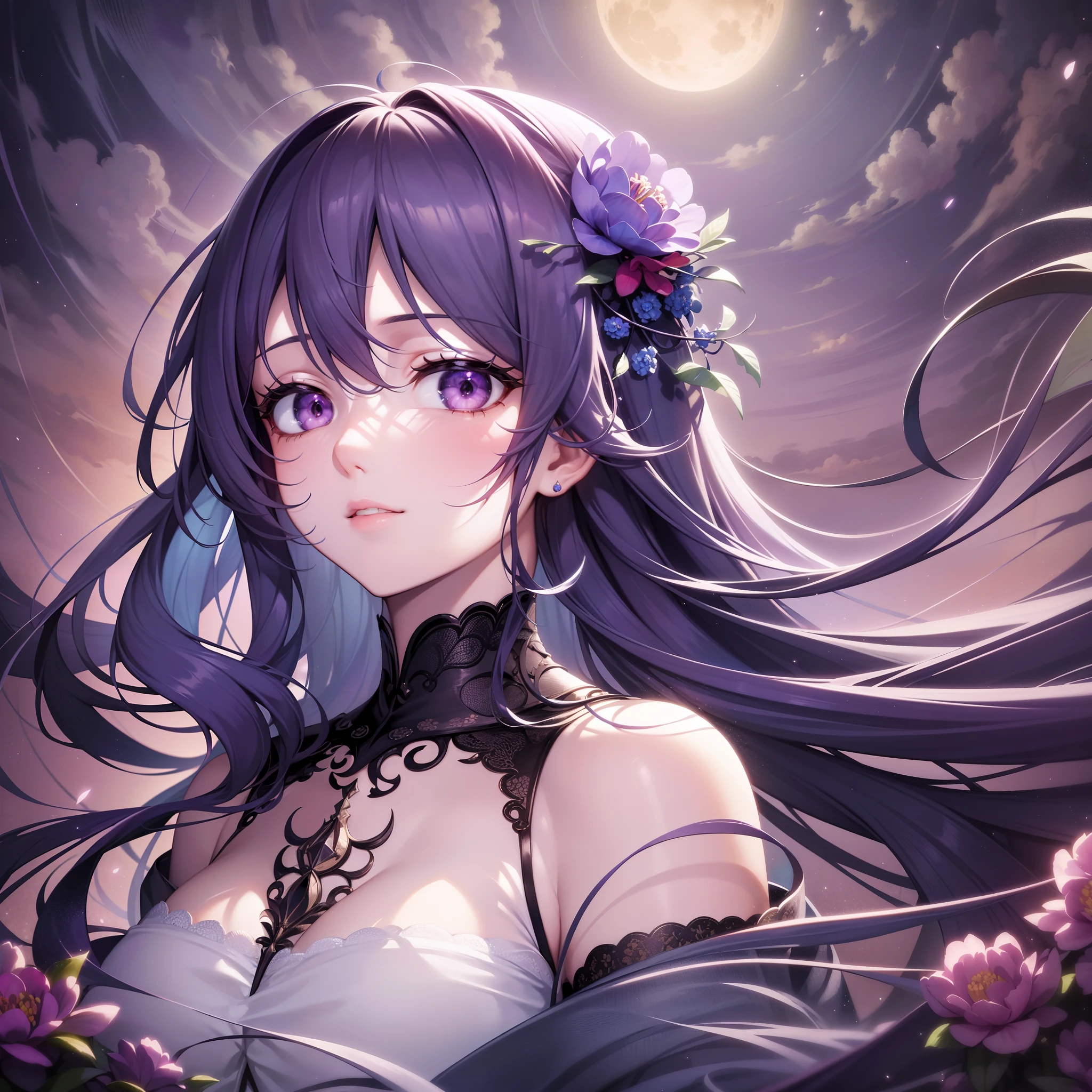 Starry sky, Moon, Clouds, Maiden looking up at the starry sky, Long hair, field, (((Blue-violet lot))), ((A lot of peony flowers)), ((vine)), ((fronds)), ((intricate image)), (Detailed depiction))), (Delicate face))), Brilliant colors, (((Ultra-fine hair drawing)))), (High definition of hair)), (((Ultra-fine))), Anime style, Chiaroscuro, depth of fields, Backlight, Full body image, Motion Video, stereoscopic perspective, masutepiece, (( Super Detail)), high detailing, High quality, 4K, Best Quality, High resolution, ((InkStyle))