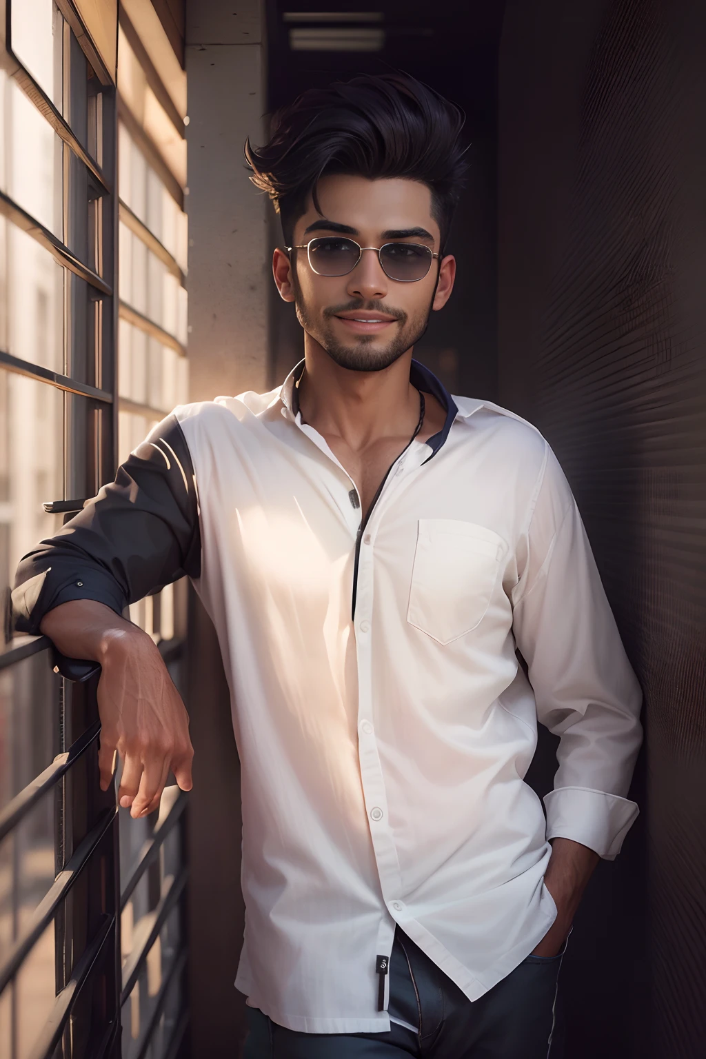 Homem sorridente na jaqueta de couro com camisa branca e t-shirt branca, Macho sorridente, macho atraente, homem atraente, Homem magro com pele caramelo, homem sorridente, modelo de moda sorridente, bonito rosto atraente, Jovem com rosto bonito, Macho bonito, modelo masculino, jovem atraente, strong masculine features, rosto masculino bonito, rosto bonito perfeito, bonito e sorridente and black sunglass