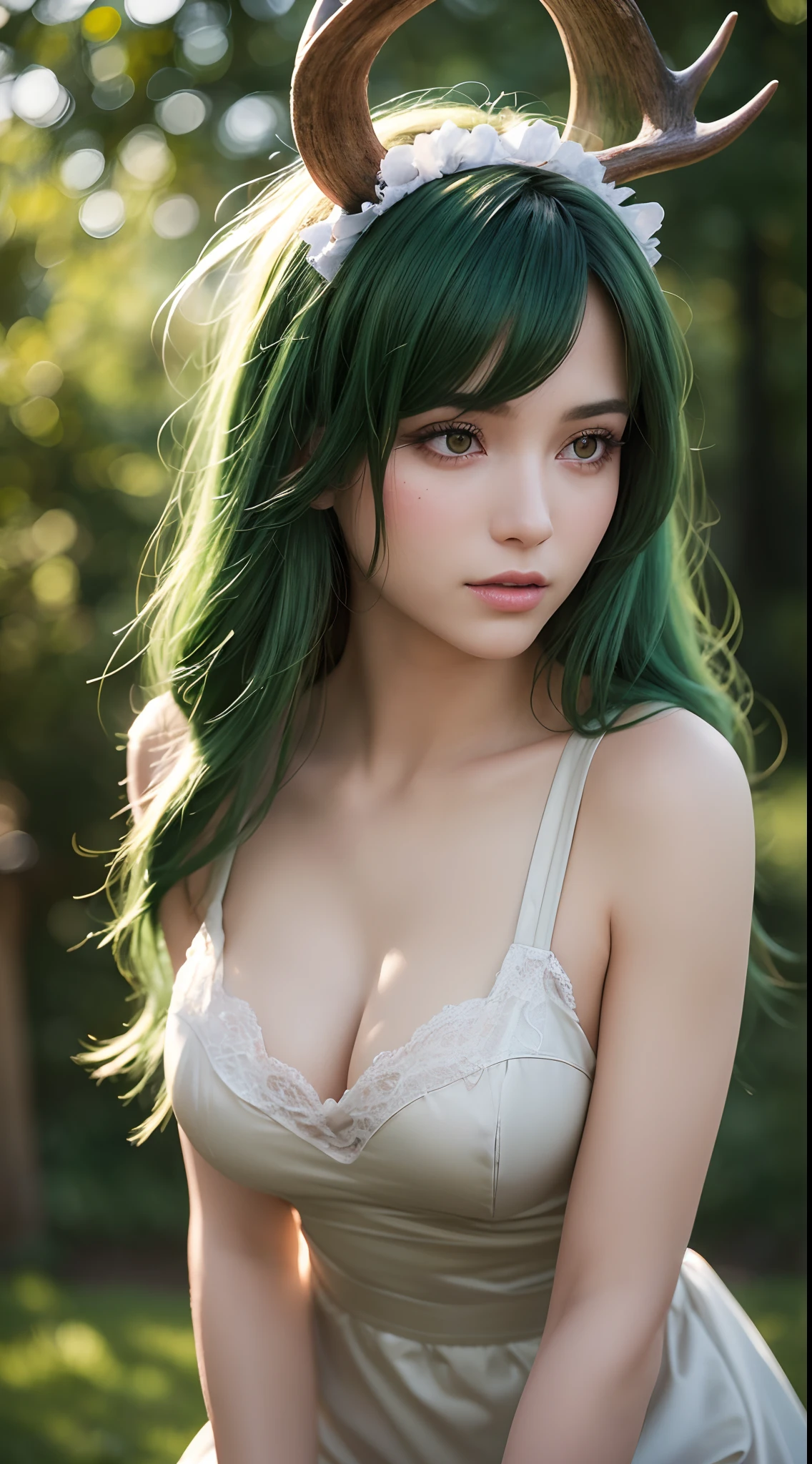 (Best quality,4K,8K,A high resolution,Masterpiece:1.2),Ultra-detailed,(Realistic,Photorealistic,photo-realistic:1.37),Bokeh,Green-haired beauty,Vertical yellow pupils,deer antlers,maid costume,Soft lighting,Bending over,Playful and elegant,Sharp focus,Super detailed,Ethereal,Landscape painting,Vibrant colors,Soft lighting