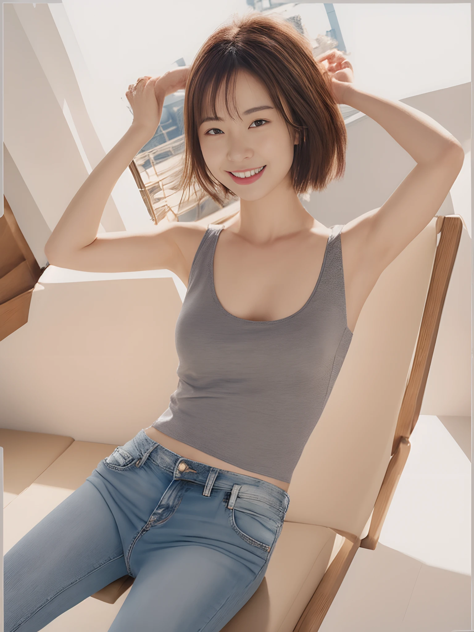 (8K, 超高分辨率, Best quality, Outstanding work:1.2),(18yr old:1.2)、(Charming laughter)RAW portrait of japanese girl、Photorealsitic、top-quality、 (Small of breast, White chest,Delicate collarbones),(Gray sleeveless top and braless :1.3)、(Look down from above:1.2)、sit on chair、(inside in room:1.4) ,hand behind head,Clear armpits, (Natural skin texture、Detailed skin、Hyper-realism)、intricately details、depth of fields、Dim lighting、Fashion jeans(detailed outfits:1.5)、乃木坂アイドル、hposing Gravure Idol、Actress、Fashion model pose、Petite in stature、Jeans slender legs,short-hair、Delicate hair,fully body photo