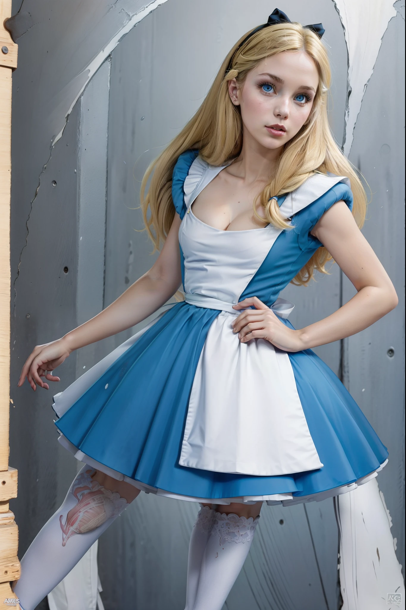 masterpiece, 1girl, solo, make her a sexy Alice in Wonderland with blonde hair, powder blue dress with white apron, white stockings, cleavage, dynamic, ultra high def, 32k, (perfect anatomy:1.5), perfect legs, in the style of Artgerm and Adam Hughes, perfect arms, downblouse