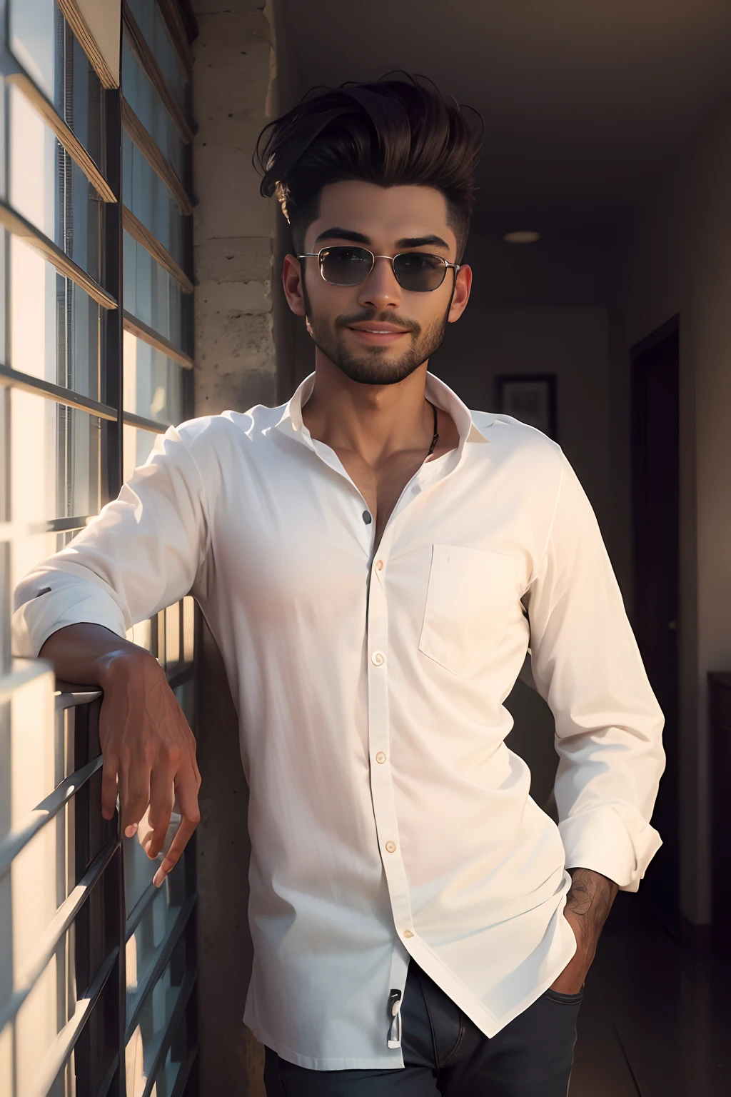 Homem sorridente na jaqueta de couro com camisa branca e t-shirt branca, Macho sorridente, macho atraente, homem atraente, Homem magro com pele caramelo, homem sorridente, modelo de moda sorridente, bonito rosto atraente, Jovem com rosto bonito, Macho bonito, modelo masculino, jovem atraente, strong masculine features, rosto masculino bonito, rosto bonito perfeito, bonito e sorridente and black sunglass