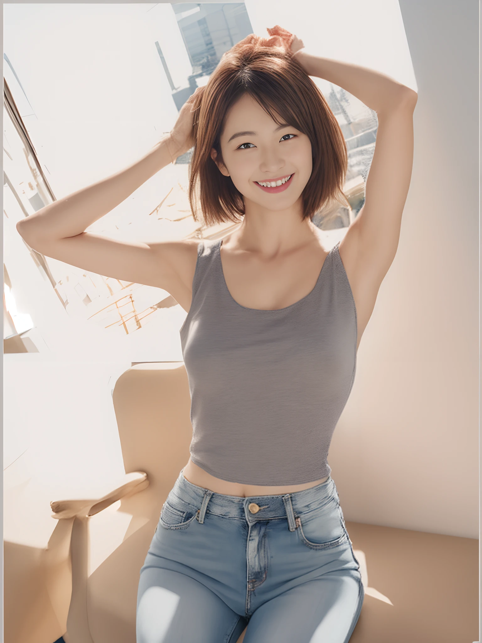 The beauty of 8K raw photos:2.0, short hair, 25 years old, great face and dark eyes, stare at the camera, smile full of joy:1.6, show teeth, put hands behind head, dynamic pose, model's stance, (denim shorts:1.2)、wear sneakers:1.4, realistic:1.9, very detailed CG 統合 8k 壁紙, very detailed, High resolution RAW color photos, professional photos, Taken at the stadium, girl sexy portrait