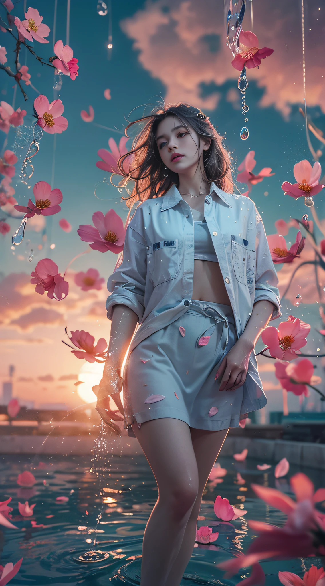 8K, 。...........。.。.。.。.3D, realist, Ultra Micro Photography, of the highest quality, Super Dutter CG Unity 8K,Beautiful woman with water droplets,Neon light,Random background,sunrises,bokha mood, long and loose hair,Petals fall in the wind,Nikon Photo Effects