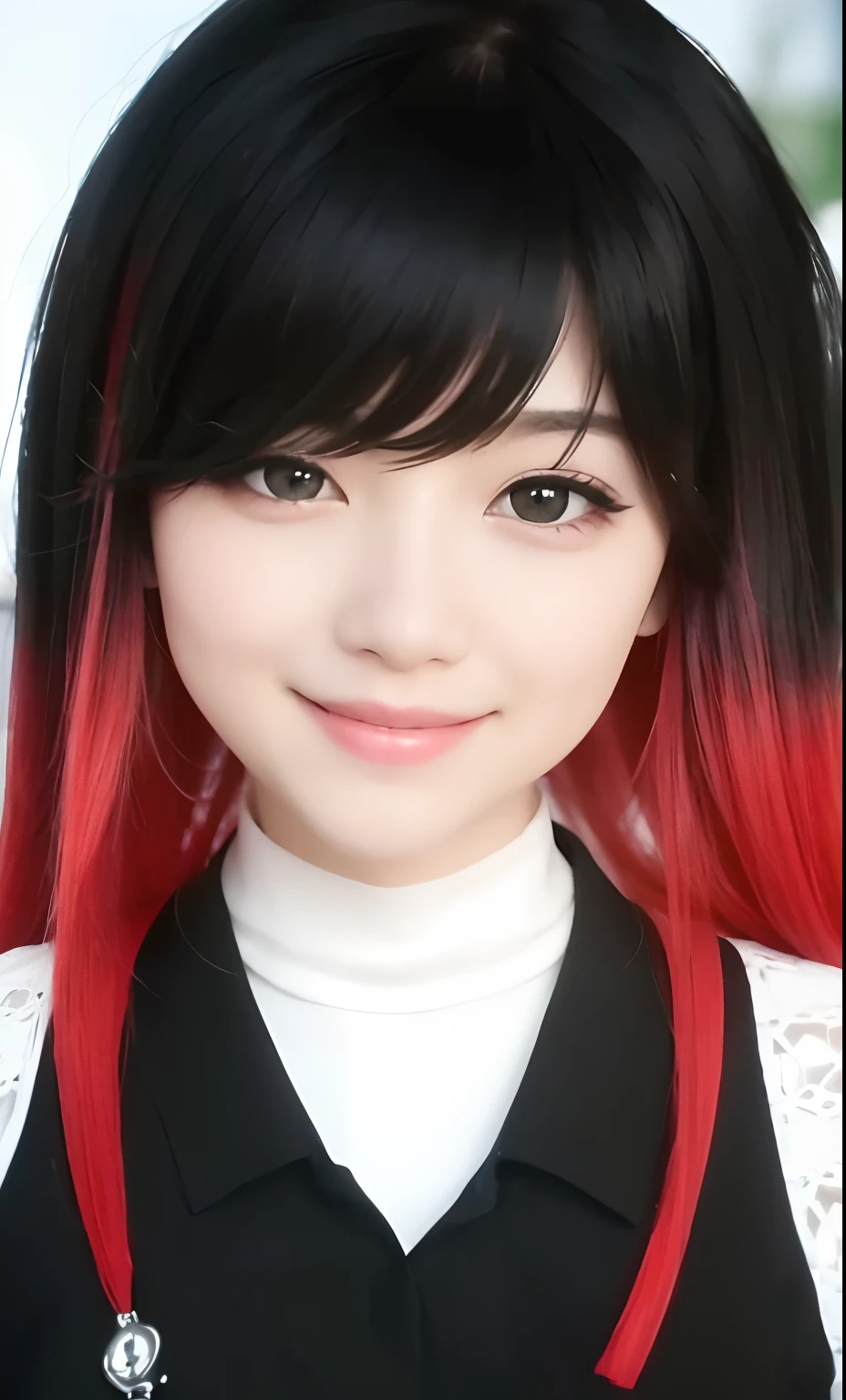 1girl, eye smile, smile, red and black hair, black and white shirts, beautiful, realistic, ultra detail, 70mn lens