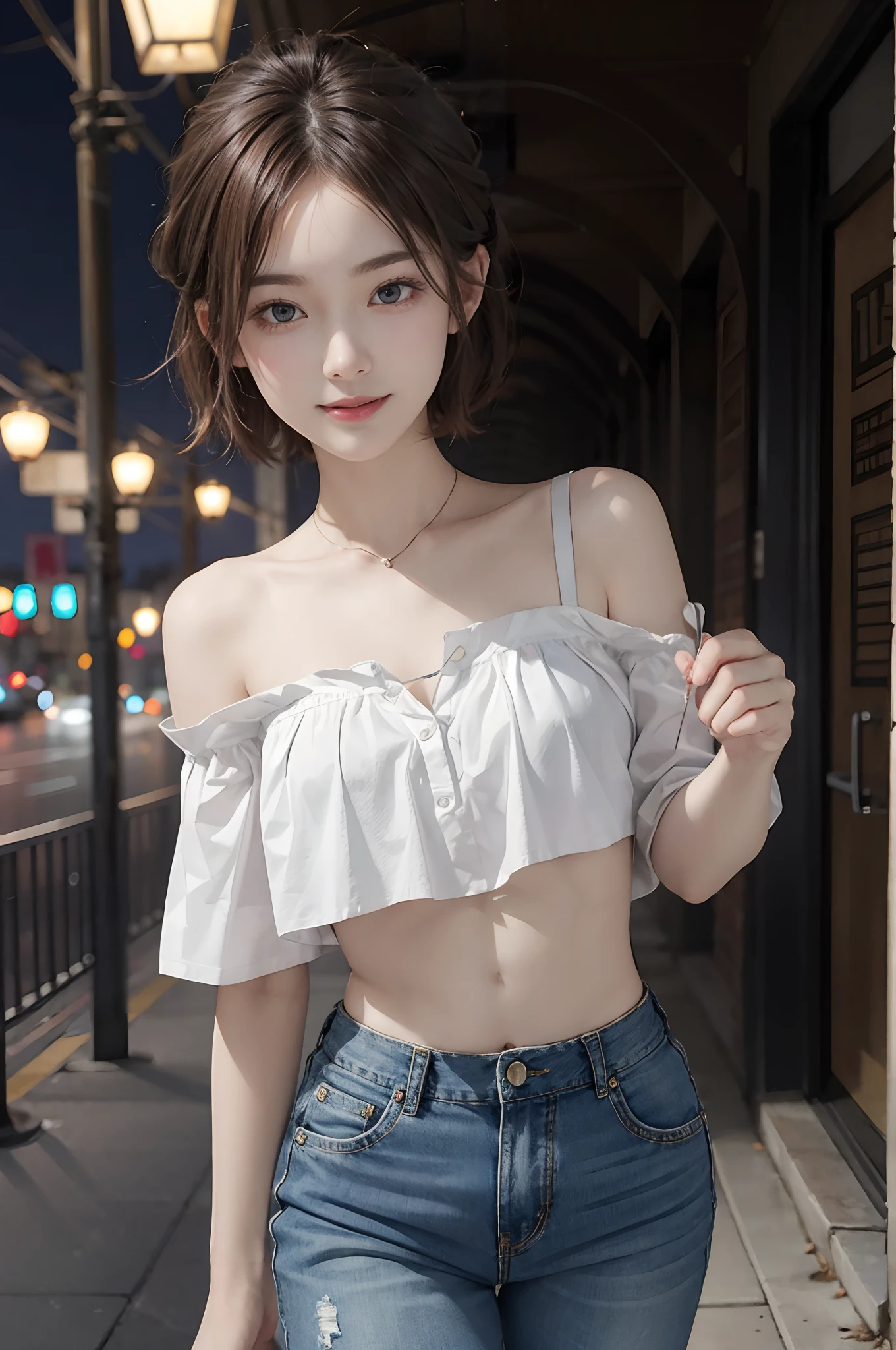((best quality, 8K, masterpiece: 1.3)), (Flower Hat: 1.3), focus: 1.2, Perfect body beauty: 1.4, Hips: 1.2, (Layered Hairstyle: 1.2)), (Dark Street: 1.3), Highly detailed face and skin textures, Upper Body, Delicateeyes, Double eyelids, Skin Whitening, long hair, (Round Face: 1.5), (Loose cropped top, shorts: 1.6)