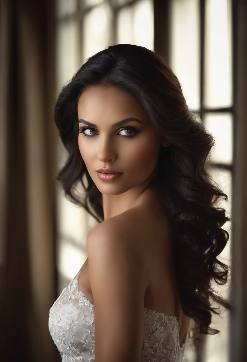 Create a highly realistic portrait of a stunning young woman with a lovely dark complexion. She has long, straight, and glossy black hair that cascades gracefully down her back. Her eyes are deep and dark, exuding a sense of mystery and allure. She is wearing a well-fitting bra that gives her a natural and proportionate appearance. The focus of this image should be on capturing the beauty and elegance of this young woman." big beautiful breasts and hard and nice ass. white skin