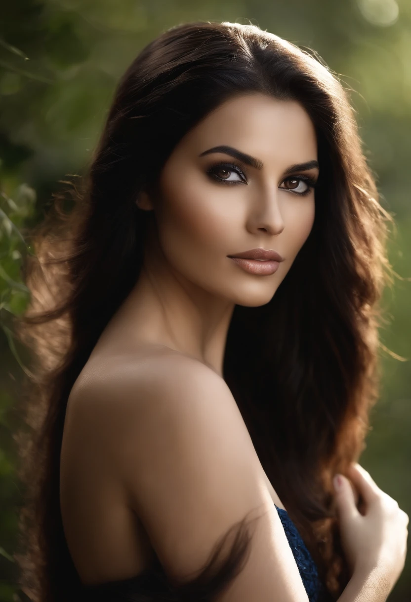 Create a highly realistic portrait of a stunning young woman with a lovely dark complexion. She has long, straight, and glossy black hair that cascades gracefully down her back. Her eyes are deep and dark, exuding a sense of mystery and allure. She is wearing a well-fitting bra that gives her a natural and proportionate appearance. The focus of this image should be on capturing the beauty and elegance of this young woman." big beautiful breasts and hard and nice ass. white skin
