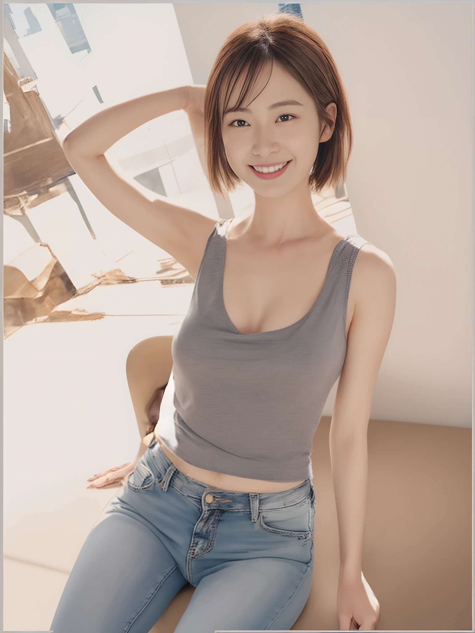 (8K, 超高分辨率, Best quality, Outstanding work:1.2),(18yr old:1.2)、(Charming laughter)RAW portrait of japanese girl、Photorealsitic、top-quality、 (Small of breast, White chest,Delicate collarbones),(Gray sleeveless top and braless :1.3)、(Look down from above:1.2)、sit on chair、(inside in room:1.4) ,hand behind head,Clear armpits, (Natural skin texture、Detailed skin、Hyper-realism)、intricately details、depth of fields、Dim lighting、Fashion jeans(detailed outfits:1.5)、乃木坂アイドル、hposing Gravure Idol、Actress、Fashion model pose、Petite in stature、Jeans slender legs,Stylish short hair、fully body photo