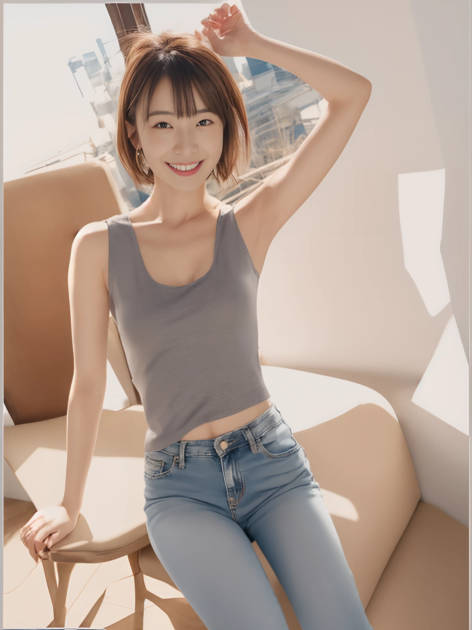 (8K, 超高分辨率, Best quality, Outstanding work:1.2),(18yr old:1.2)、(Charming laughter)RAW portrait of japanese girl、Photorealsitic、top-quality、 (Small of breast, White chest，Delicate collarbones),(Gray sleeveless top and braless :1.3)、(Look down from above:1.2)、sit on chair、(inside in room:1.4) ，hand behind head，Clear armpits， (Natural skin texture、Detailed skin、Hyper-realism)、intricately details、depth of fields、Dim lighting、Fashion jeans（detailed outfits：1.5）、乃木坂アイドル、hposing Gravure Idol、Actress、Fashion model pose、Petite in stature、Jeans slender legs，Stylish short hair、fully body photo