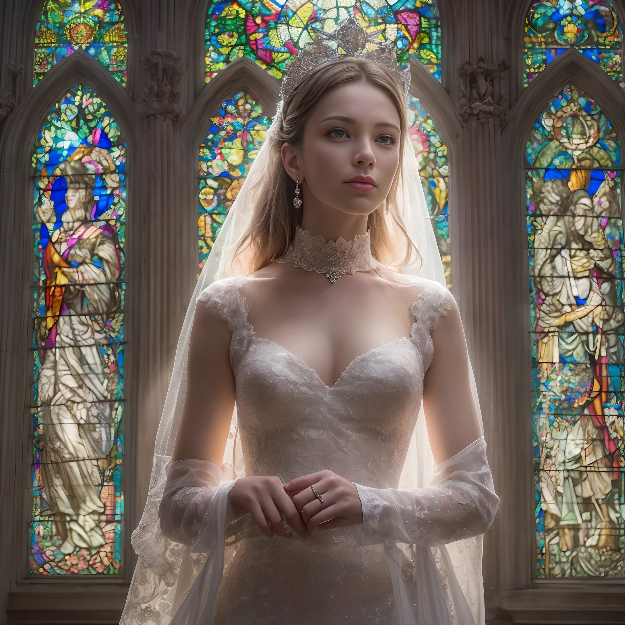 (((nffsw))), (((masutepiece))), (((8K))), (((hight resolution))), (((surrealism))), (((Cinematic lighting))), god rays, Zoom Layer, (((FULL BODYSHOT))), F/4.0, canon, Shiny skin,Detailed skin,Detailed face, Detailed eyes, Beautiful bride goddess, Churches in France, Royal Tiara, see-through wedding dresses, silver earing, In cross, Mystical sight, Light shines through stained glass