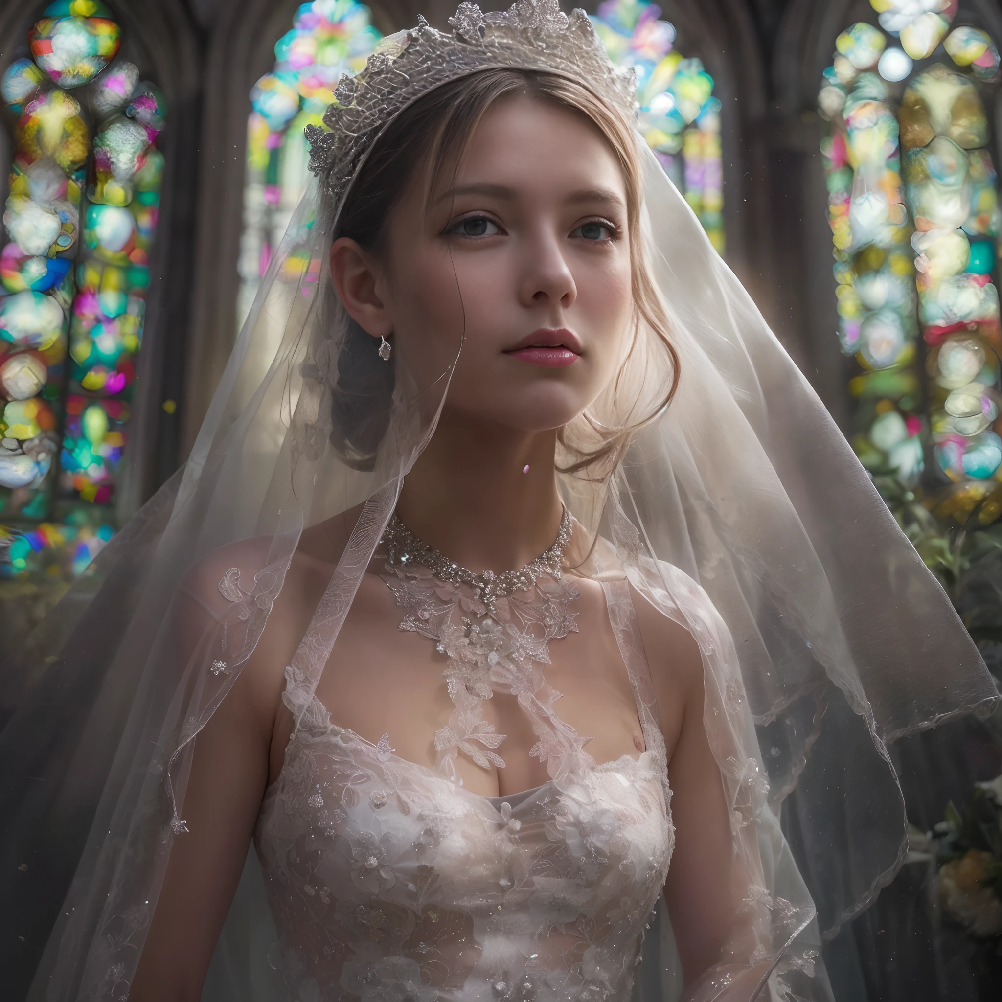 (((nffsw))), (((masutepiece))), (((8K))), (((hight resolution))), (((surrealism))), (((Cinematic lighting))), god rays, Zoom Layer, (((FULL BODYSHOT))), F/4.0, canon, Shiny skin,Detailed skin,Detailed face, Detailed eyes, Beautiful bride goddess, Churches in France, Royal Tiara, see-through wedding dresses, silver earing, In cross, Mystical sight, Light shines through stained glass