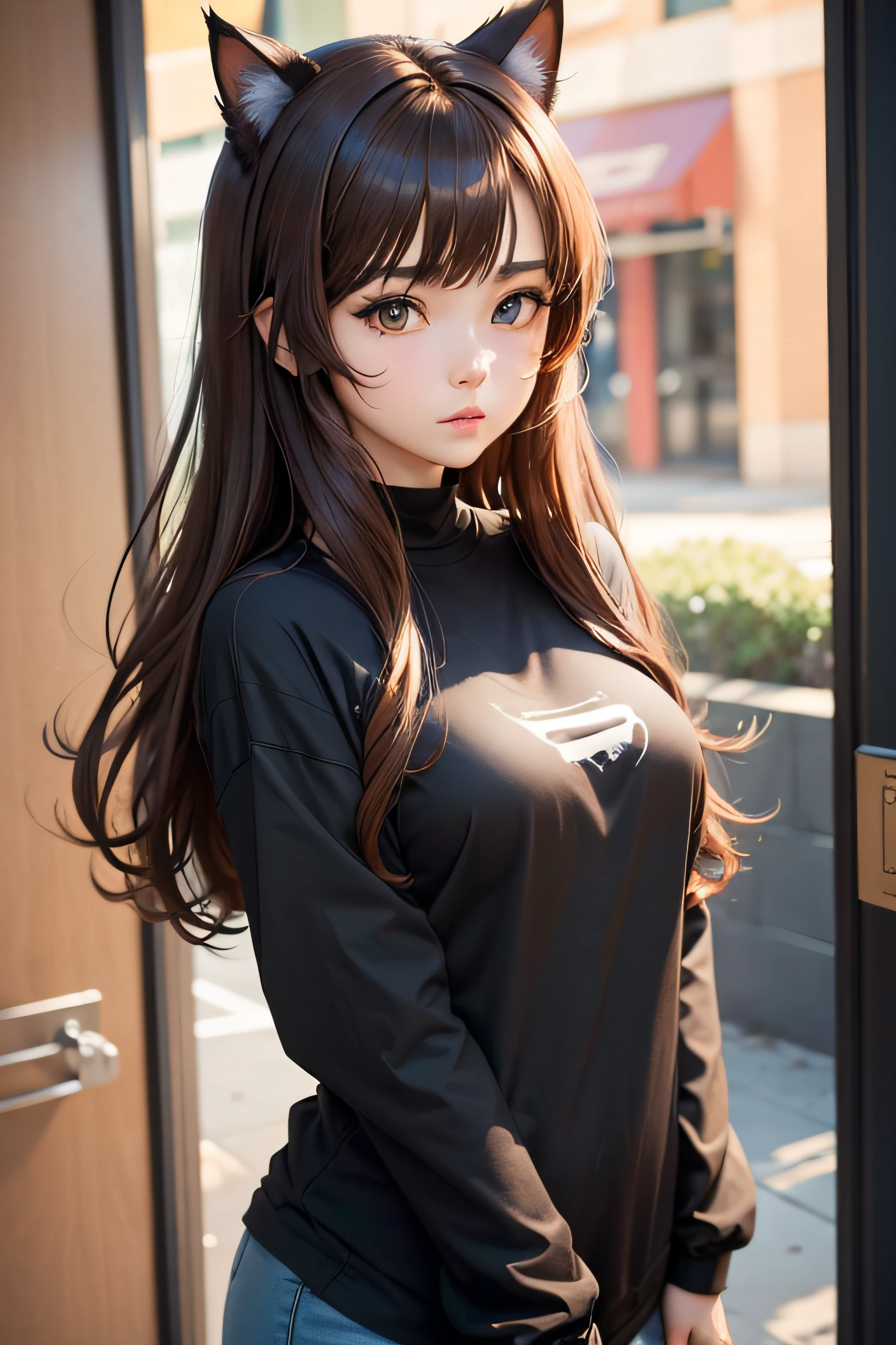 anime girl with brown cat ears and a black shirt with brown blazzer, brown hair