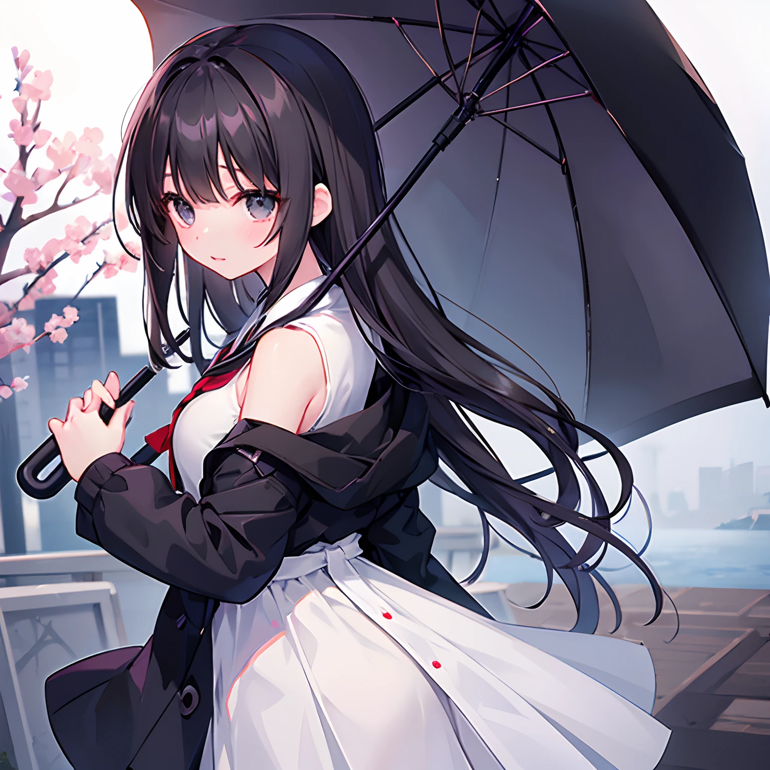 1人、A dark-haired、Black eyes、校服、schools、Wagas、classmate、Sateen、umbrellas、full bodyesbian、Rear view、backshots