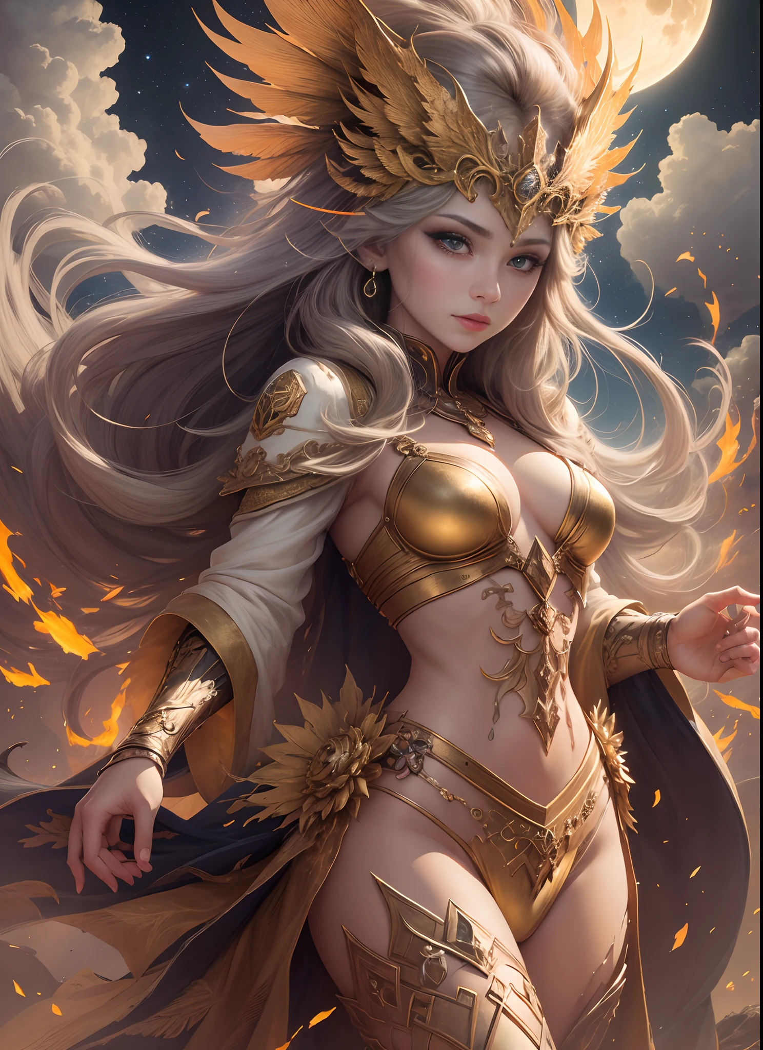 1girl in, Beautiful Empress of the Sun, Detailed eyes, Detailed face, Detailed skin, Mature body, Tall body, Seductive body, Medium Large Chest, medium thigh, Desert break and pyramid bottom, Have only the scepter of the holy sun, Phoenix Dragon in the Sky, highly saturating sunbeams, holy ceremony, angelic halo, Dazzling golden and orange sparks scattered around, Holy Demon Array,  Golden crown, Golden majestic lightning, Best Quality, masutepiece, trends in the art station, BREAK, Detailed, Realistic, Highly detailed digital art 8K, Octane Rendering, bio luminescent, Concept Art Resolution Break 8K, Realism, by Studio Mapper, masutepiece, Best Quality, Official art, Illustration, ligne claire, (Cool_Color), Perfect composition, absurdists, Fantasy, Focused, Full body in attack pose, Night sky with clouds,  fullmoon, 8K,