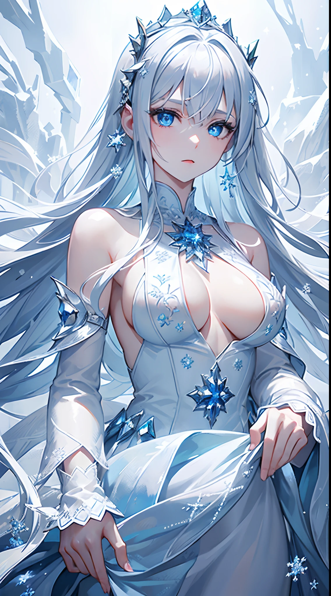masterpiece, highlydetailed, ultra-detailed, cold, solo, (1girl), (pale skin), icyblue eyes, frosty white hair, (snowy background), snowflakes, (frozen flowers:0.5), (crystal crown), (sparkling ice crystals), (transparent ice dress), (snow-covered ground), (icy breath), cool face, flat face, age, medium boobs, Arrogant, confident, cold face