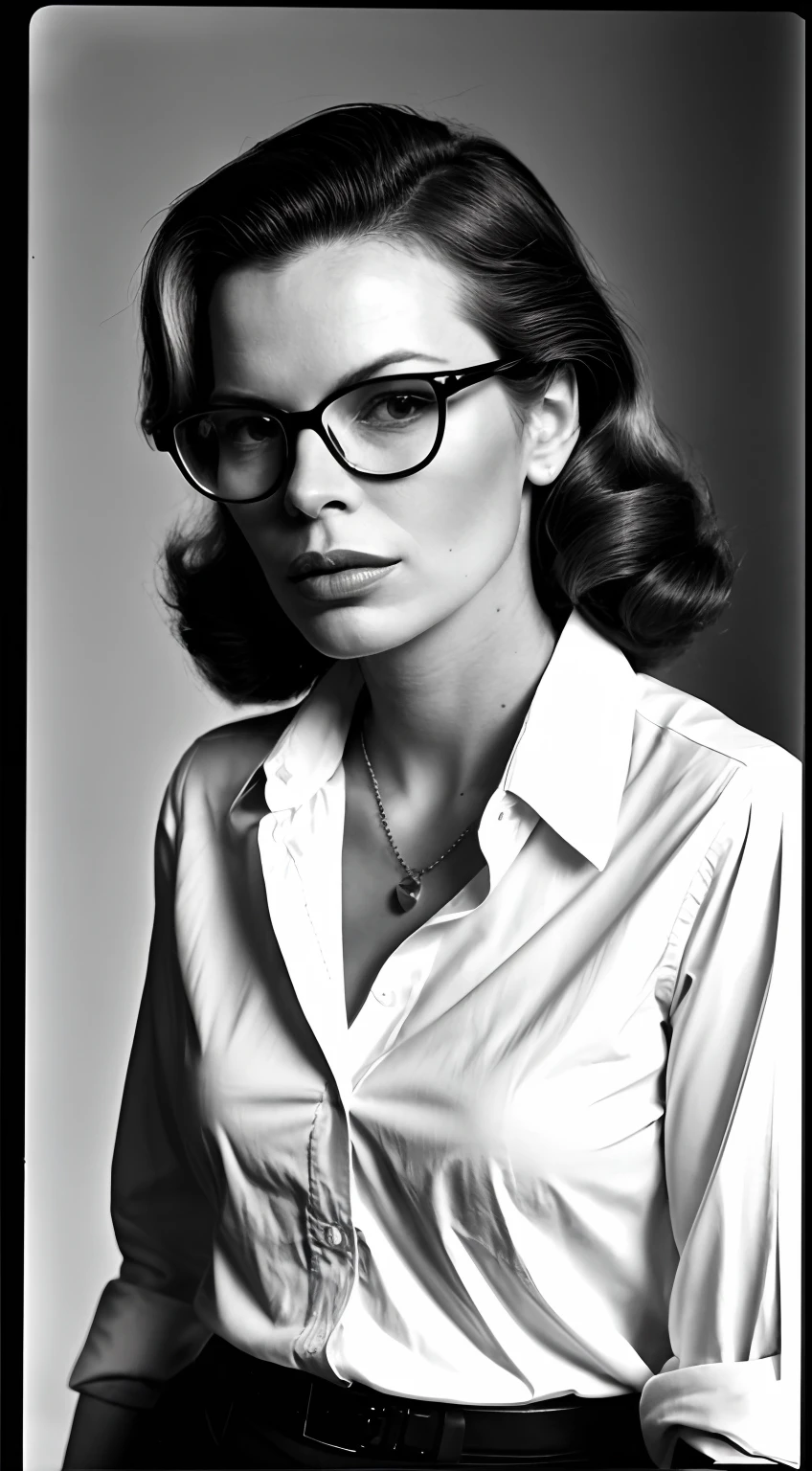 The image depicts a portrait of a journalist in 1940 inspired by Kim Basinger, Photo en noir et blanc, borde de photo style polaroid. She wears a stylish shirt and glasses. Elle a un visage fin, Elle a une apparence . expression confiante sur son visage, tout en observant le paysage autour de vous. Il n'y a pas de background.