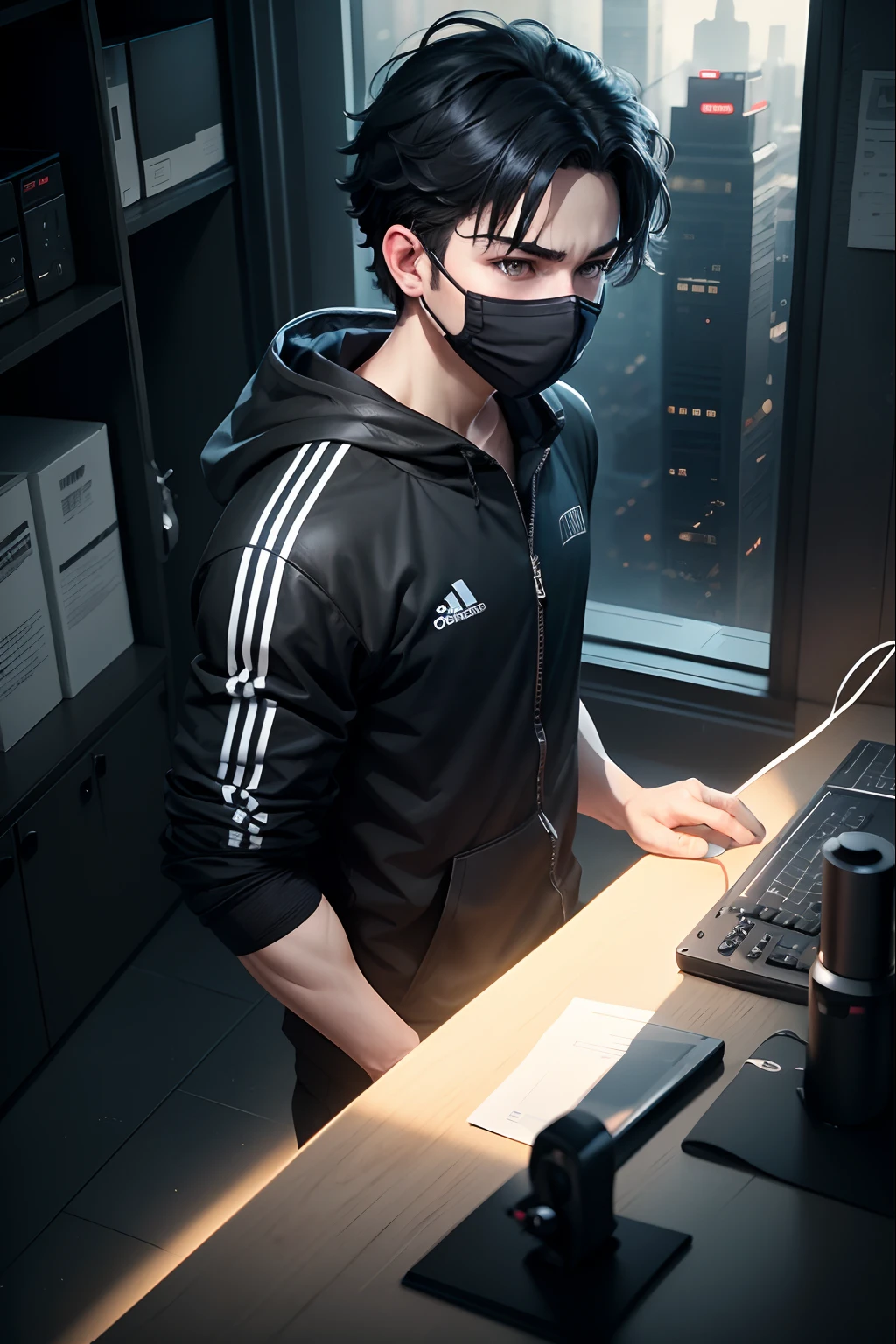 1boy,headphone,black_mouth_mask,emotionlessw,black hair,science_fiction,night,extremely detailed CG,HD wallpaper,{{masterpiece}}, best quality, illustration, blue_eyes,buildings,full body,from side,from above,dutch angle,game cg,sportswear,full body,,
