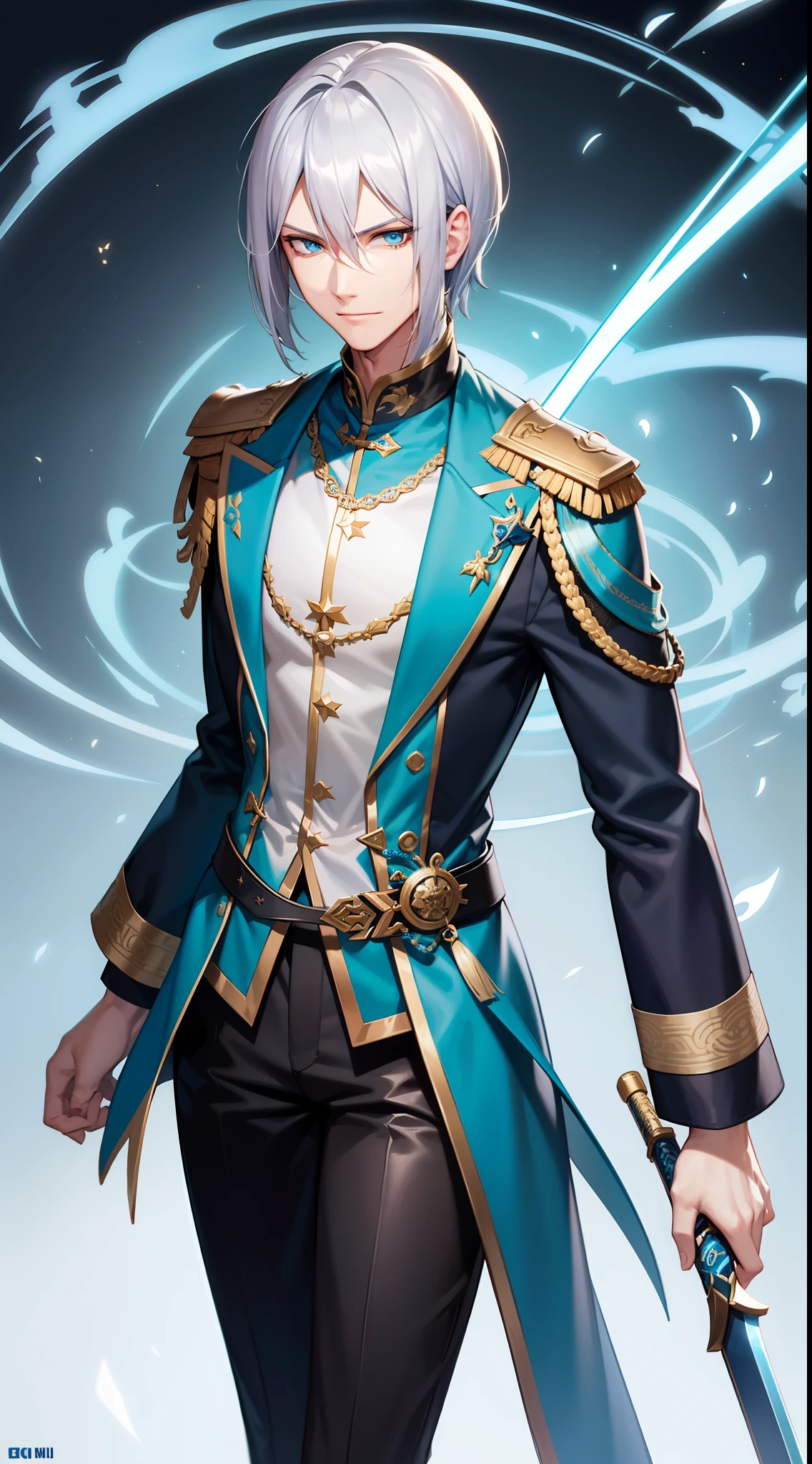 Tall guy, Silver hair in a bob, Cyan eyes, smirk, grace, Beautiful blue Chinese combat jacket, Gold Elements, black tight pants, Chinese Sword, Blue finch, Ling(Mobile Legends), hiquality, 4k, HD, Good detail