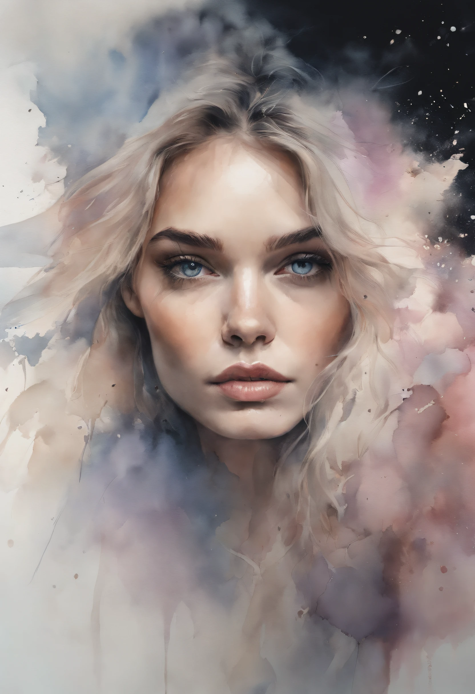 (8k, best quality, master part:1.2),(best quality:1.0), (Ultra Highres:1.0), Aquarela, uma mulher bonita, ombro, fitas de cabelo, Directed by: Agnes Cecile, retrato de meio corpo, design brilhante extremamente luminoso, pastels colors, (tinta:1.3), Luzes de outono,