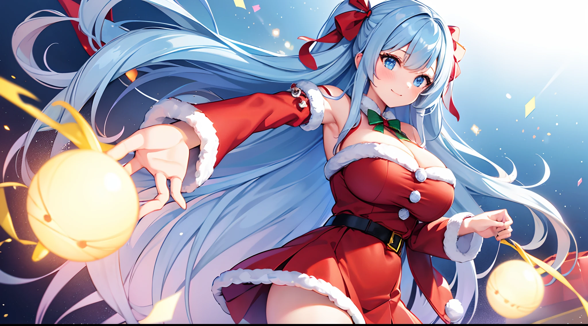 1 girl, game CG, Santa Claus costume, short skirt, cleavage visible, string hair ribbon, gigantic breasts, light blue hair, middle hair, two side up, blue eyes, Christmas background,