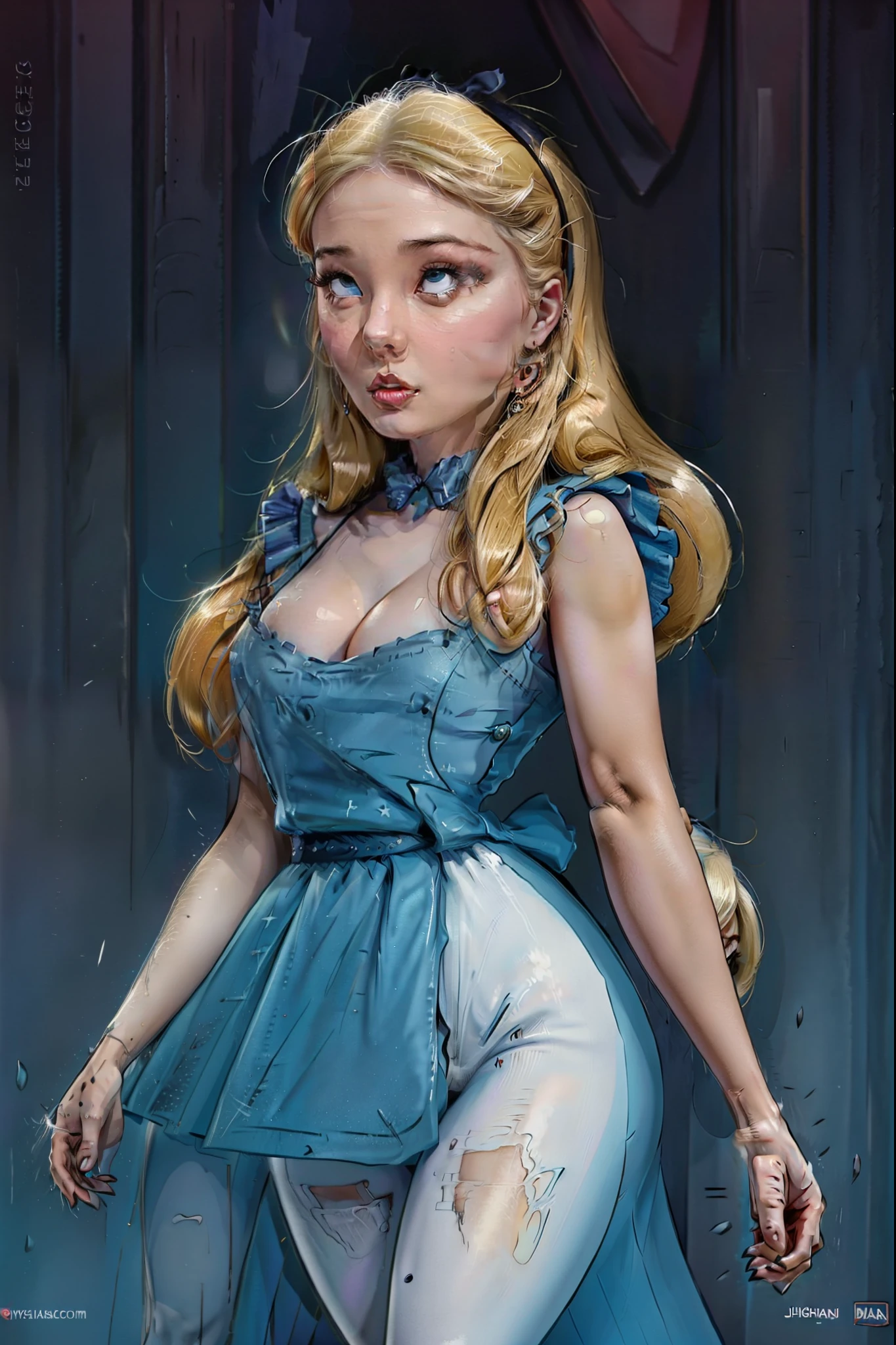 masterpiece, 1girl, solo, a sexy Alice in Wonderland with blonde hair, powder blue dress with white apron, white stockings, cleavage, dynamic, ultra high def, 32k, (tall and slender:1.5), (perfect anatomy:1.5), perfect legs, in the style of Artgerm and Adam Hughes, (ahegao:1.5), (rolling eyes:1.5)