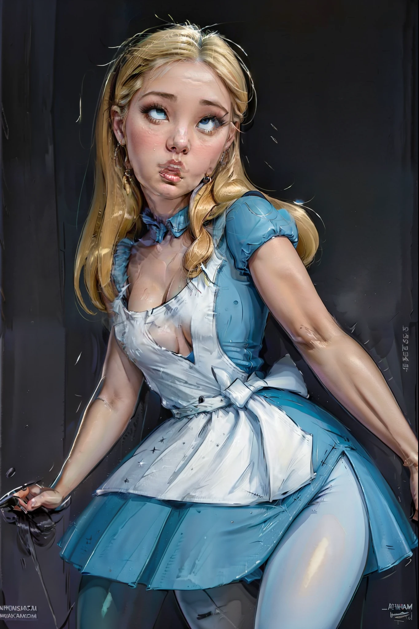 masterpiece, 1girl, solo, a sexy Alice in Wonderland with blonde hair, powder blue dress with white apron, white stockings, cleavage, dynamic, ultra high def, 32k, (tall and slender:1.5), (perfect anatomy:1.5), perfect legs, in the style of Artgerm and Adam Hughes, (ahegao:1.5), (rolling eyes:1.5)