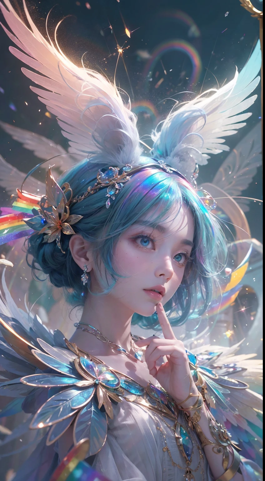 (((masterpiece))), (((best quality))), ((ultra-detailed)),(highly detailed CG illustration), ((an extremely delicate and beautiful)),cinematic light, Create a stunning fantasy artwork that mimics the style of currently trending masters of the genre. The art piece should contain elements of both mythic fantasy and fairytale fantasy with dreamy rainbow accents. ((Utilize the rainbow as the main color scheme.)) The character in the artwork is a delicate but strong petite figure with an aura of mystery and magic and (beautiful translucent rainbow wings). Pay close attention to intricate facial features, such as mesmerizing eyes with vibrant colors and bold shading. The character's clothing should be designed with gossamer feathers, silk, stunning embroidery, and subtle iridescent details. Incorporate (((translucent rainbows))), dreamy colors, dynamic lighting, and detailed background elements to create a sense of awe and immersion. Include colorful flying magical birds and jewel-toned rainbow butterflies radiating a magical aura. Consider the latest trends in fantasy art, such as incorporating unique lighting effects, exploring dynamic and compelling composition techniques, and experimenting with unique color palettes. Take inspiration from the top artists on ArtStation and Midjourney. Camera: Choose an angle that highlights the character's beauty and enhances the magical majesty of the artwork. Lighting: Utilize atmospheric lighting techniques to create depth and mood. Resolution: Aim for a high-resolution artwork to showcase intricate details and clarity. Art Inspirations: Seek inspiration from the trending artists on ArtStation, exploring different styles, genres, and themes,(8K, RAW photo, highest quality),Realistic,facade,Intricate detail,Extremely detailed eyes and eyelashes,Portrait,Close-up,, digital SLR camera, super quality, Fujifilm realistic, vivid details, surreal, beautiful wallpapers, 8k, best quality, masterpiece, extremely detailed, pc graphics, unity,