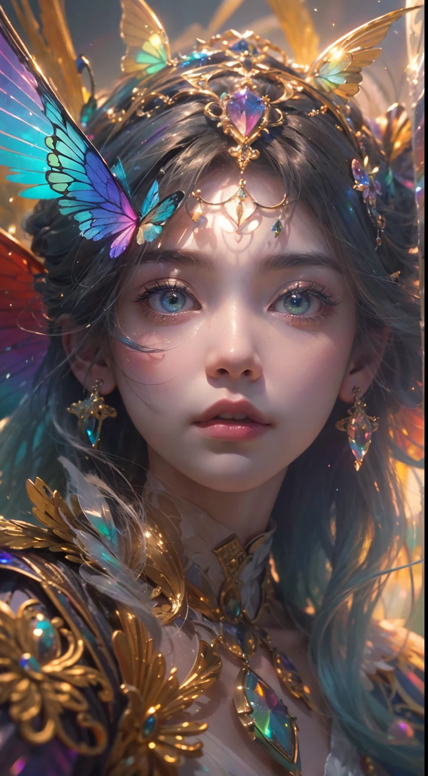 (((masterpiece))), (((best quality))), ((ultra-detailed)),(highly detailed CG illustration), ((an extremely delicate and beautiful)),cinematic light, Create a stunning fantasy artwork that mimics the style of currently trending masters of the genre. The art piece should contain elements of both mythic fantasy and fairytale fantasy with dreamy rainbow accents. ((Utilize the rainbow as the main color scheme.)) The character in the artwork is a delicate but strong petite figure with an aura of mystery and magic and (beautiful translucent rainbow wings). Pay close attention to intricate facial features, such as mesmerizing eyes with vibrant colors and bold shading. The character's clothing should be designed with gossamer feathers, silk, stunning embroidery, and subtle iridescent details. Incorporate (((translucent rainbows))), dreamy colors, dynamic lighting, and detailed background elements to create a sense of awe and immersion. Include colorful flying magical birds and jewel-toned rainbow butterflies radiating a magical aura. Consider the latest trends in fantasy art, such as incorporating unique lighting effects, exploring dynamic and compelling composition techniques, and experimenting with unique color palettes. Take inspiration from the top artists on ArtStation and Midjourney. Camera: Choose an angle that highlights the character's beauty and enhances the magical majesty of the artwork. Lighting: Utilize atmospheric lighting techniques to create depth and mood. Resolution: Aim for a high-resolution artwork to showcase intricate details and clarity. Art Inspirations: Seek inspiration from the trending artists on ArtStation, exploring different styles, genres, and themes.