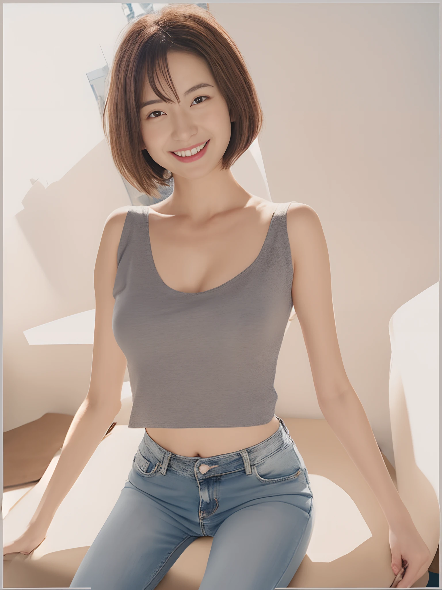 (8K, 超高分辨率, Best quality, Outstanding work:1.2),(18yr old:1.2)、(Charming laughter)RAW portrait of japanese girl、Photorealsitic、top-quality、Melon seed face，High value，A feminine smile，Three-dimensional facial features， (Small of breast, White chest，Delicate collarbones),(Gray sleeveless top and braless :1.3)、(Look down from above:1.2)、sit on chair、(inside in room:1.4) ，hand behind head，Clear armpits， (Natural skin texture、Detailed skin、Hyper-realism)、intricately details、depth of fields、Dim lighting、Fashion jeans（detailed outfits：1.5）、乃木坂アイドル、hposing Gravure Idol、Actress、Fashion model pose、Petite in stature、Jeans slender legs，Stylish short hair、fully body photo