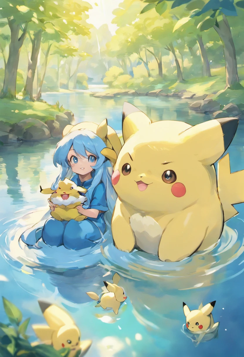 (absurdres, masterpiece) A ite human female with pale human skin and long blue hair and blue eyes and blue fluffy canine ears and a big blue fluffy tail is sat by a lake she has Pikachu on her lap. Pikachu is smiling towards the viewer. Other Pokemon play in the lake. Snorlax in background.