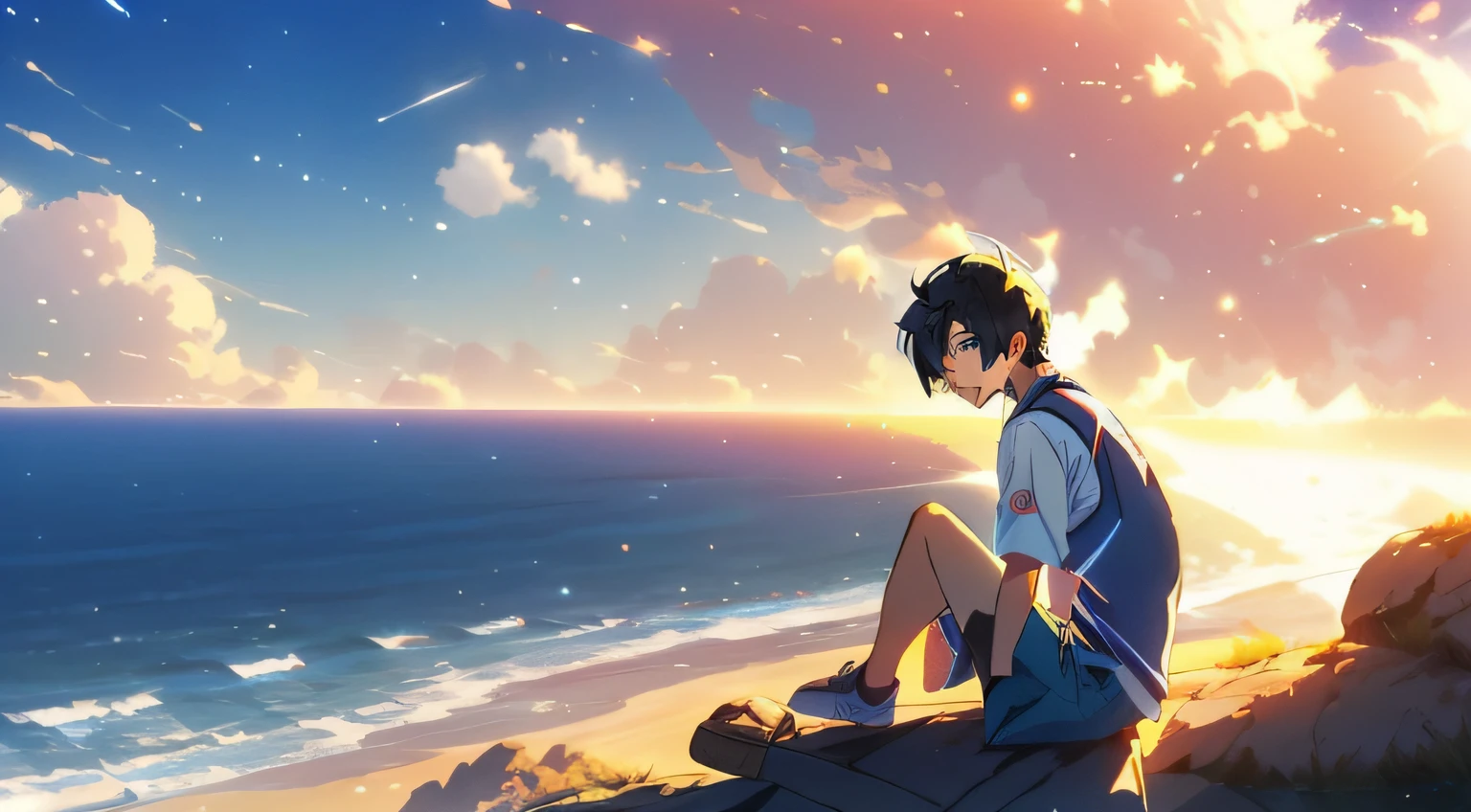 Anime boy sitting on a rock looking at the sea, Makoto Shinkai Cyril Rolando, 4K anime wallpaper, Shinkai sincerely, Blue sea. By Makoto Shinkai, makoto sinkai, Anime art wallpaper 4 K, Anime art wallpaper 4k, Makoto Shinkai!, Makoto Shinkai. —h 2160