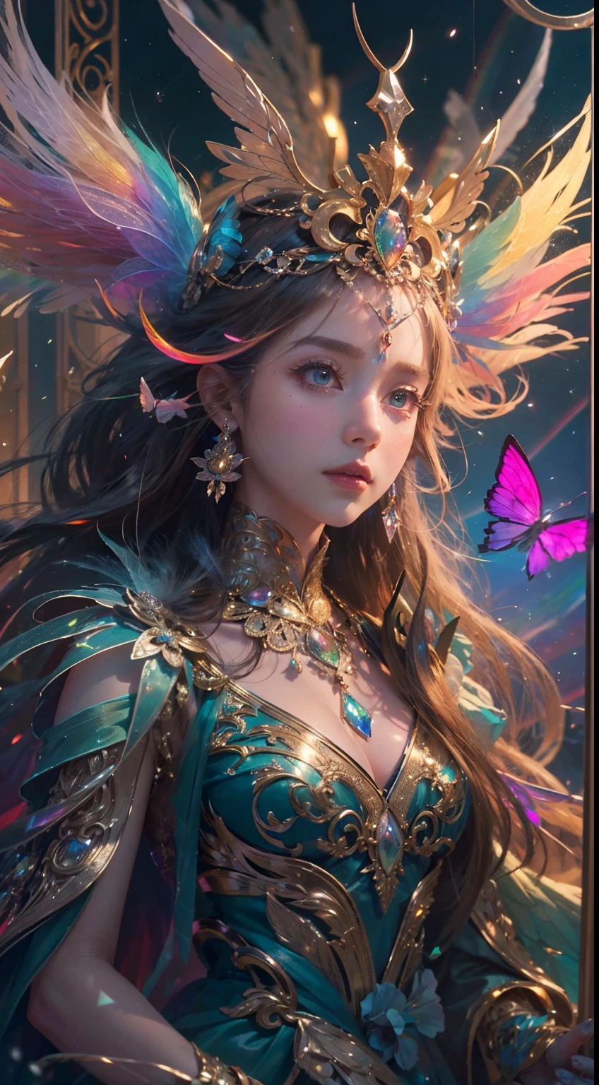 (((masterpiece))), (((best quality))), ((ultra-detailed)),(highly detailed CG illustration), ((an extremely delicate and beautiful)),cinematic light, Create a stunning fantasy artwork that mimics the style of currently trending masters of the genre. The art piece should contain elements of both mythic fantasy and fairytale fantasy with dreamy rainbow accents. ((Utilize the rainbow as the main color scheme.)) The character in the artwork is a delicate but strong petite figure with an aura of mystery and magic and (beautiful translucent rainbow wings). Pay close attention to intricate facial features, such as mesmerizing eyes with vibrant colors and bold shading. The character's clothing should be designed with gossamer feathers, silk, stunning embroidery, and subtle iridescent details. Incorporate (((translucent rainbows))), dreamy colors, dynamic lighting, and detailed background elements to create a sense of awe and immersion. Include colorful flying magical birds and jewel-toned rainbow butterflies radiating a magical aura. Consider the latest trends in fantasy art, such as incorporating unique lighting effects, exploring dynamic and compelling composition techniques, and experimenting with unique color palettes. Take inspiration from the top artists on ArtStation and Midjourney. Camera: Choose an angle that highlights the character's beauty and enhances the magical majesty of the artwork. Lighting: Utilize atmospheric lighting techniques to create depth and mood. Resolution: Aim for a high-resolution artwork to showcase intricate details and clarity. Art Inspirations: Seek inspiration from the trending artists on ArtStation, exploring different styles, genres, and themes,(8K, RAW photo, highest quality),Realistic,facade,Intricate detail,Extremely detailed eyes and eyelashes,Portrait,Close-up,, digital SLR camera, super quality, Fujifilm realistic, vivid details, surreal, beautiful wallpapers, 8k, best quality, masterpiece, extremely detailed, pc graphics, unity,
