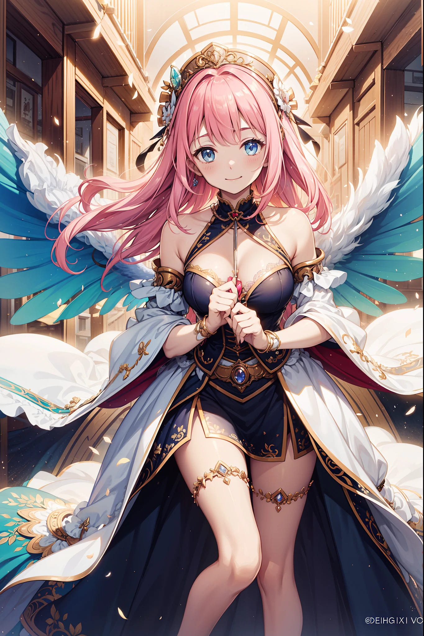 teens girl,Enchanted,Divine happiness,Being in love,(Light Victorian dress),Pink hair,eBlue eyes,Maximalism,Multiple layers of delicate ruffles,Lots of lace,Multi-color band,Delicate embroidery,Delicate pattern,Fabric headdress,exquisite costumes,transparent costume,Divine Realm Courtyard,the night,glittery,(Dazzle:1.1),Movie lighting,the night,solo person,Fluttering skirt