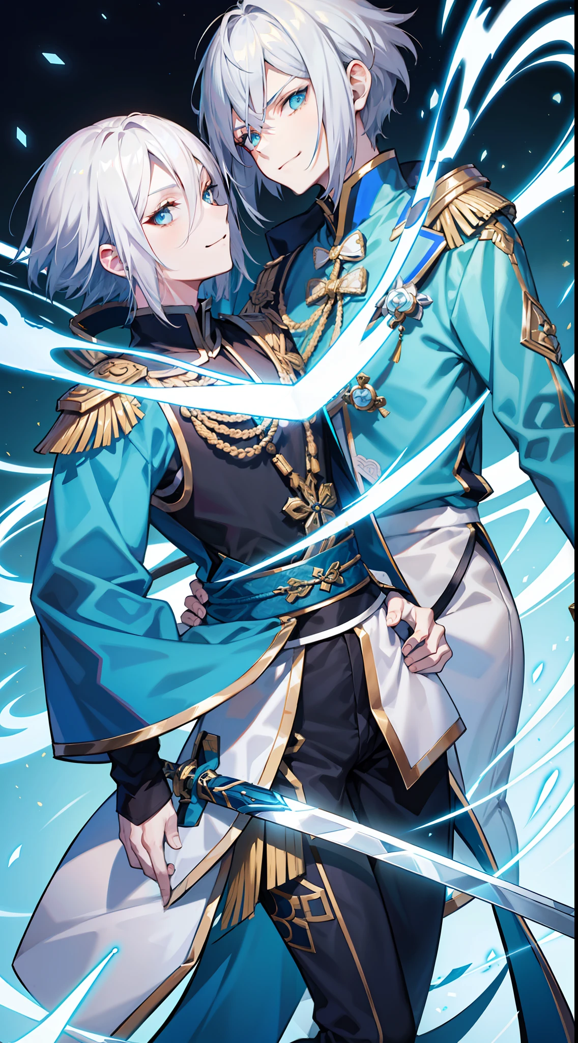 Tall guy, Silver hair in a bob, Cyan eyes, smirk, grace, Beautiful blue Chinese combat jacket, Gold Elements, black tight pants, Chinese Sword, Blue finch, Ling(Mobile Legends), hiquality, 4k, HD, Good detail