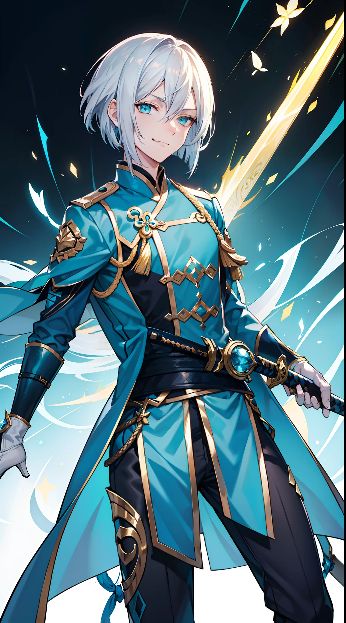 Tall guy, Silver hair in a bob, Cyan eyes, smirk, grace, Beautiful blue Chinese combat jacket, Gold Elements, black tight pants, Chinese Sword, Blue finch, Ling(Mobile Legends), hiquality, 4k, HD, Good detail