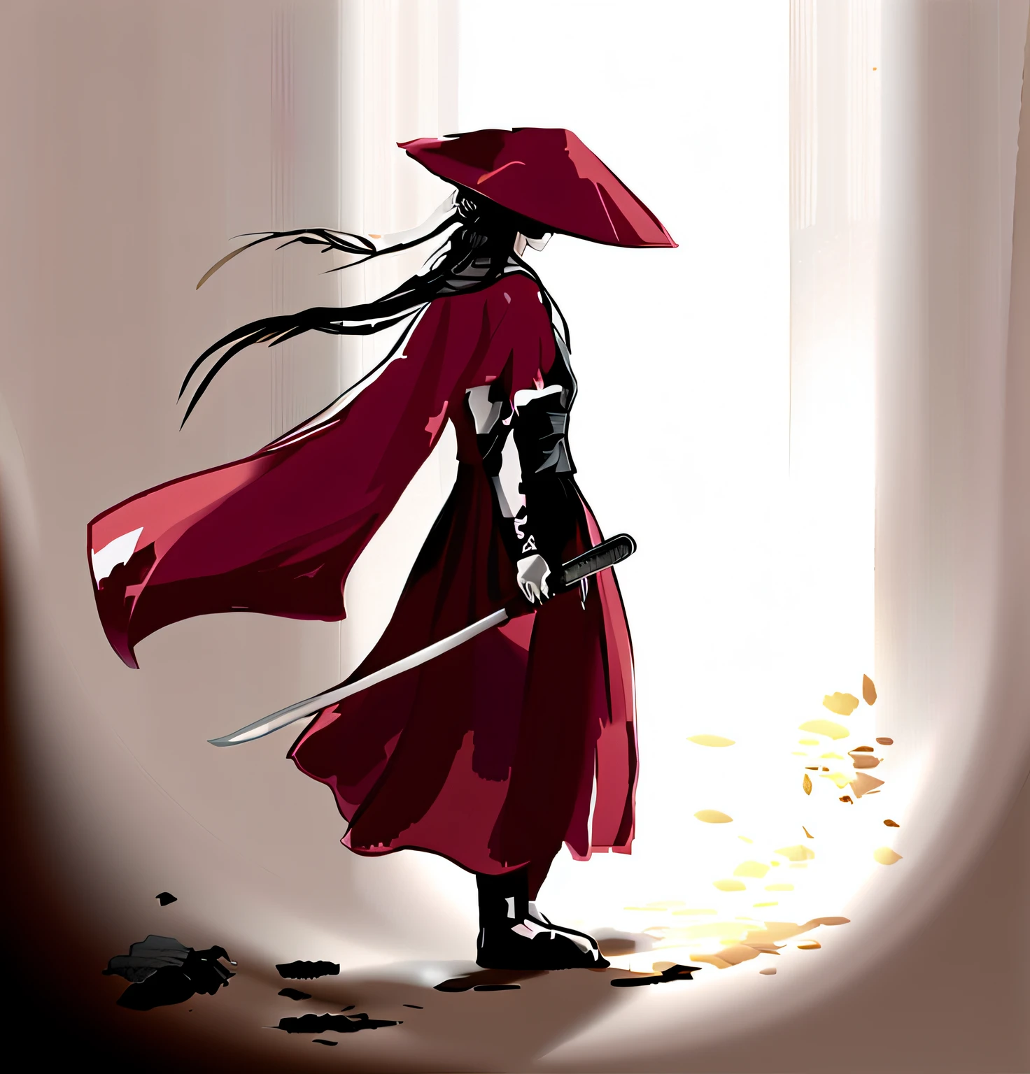 a drawing,A woman in a long dress holds a sword, inspired by Kanō Hōgai, inspired by Kanō Sanraku, inspired by Fu Baoshi, woman samurai, full-body wuxia, swordsman, inspired by Tōshūsai Sharaku, sumi ink style, inspired by Kawabata Ryūshi