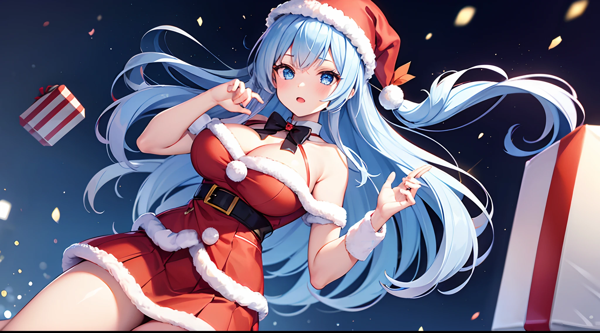 1 girl, game CG, Santa Claus costume, short skirt, cleavage visible, string hair ribbon, gigantic breasts, light blue hair, middle hair, two side up, blue eyes, Christmas background,