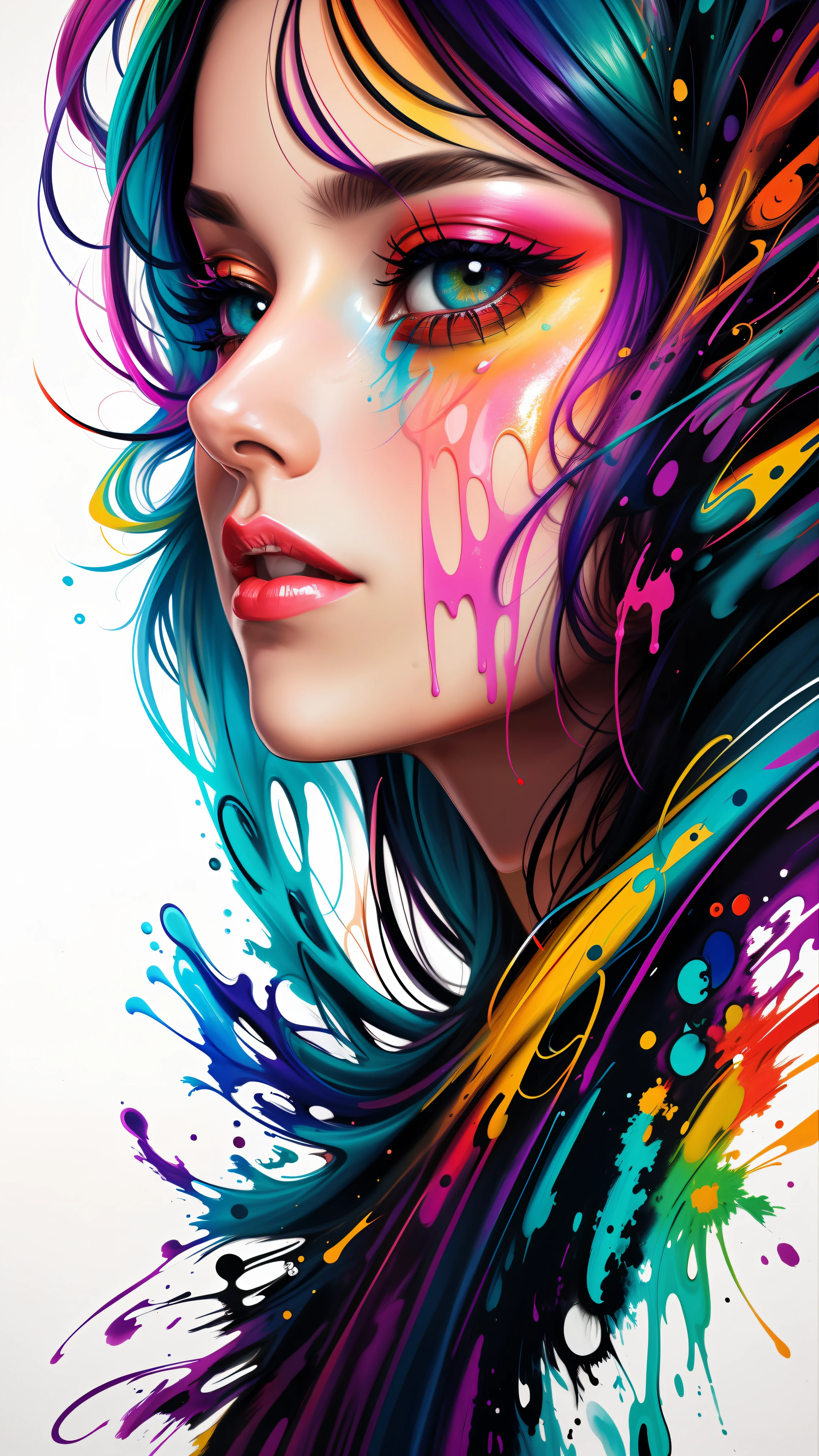 uma mulher com tinta colorida no rosto e no cabelo, gotejamento com cor, arte colorida bonita!, lindo arte digital, Pintura de Arte, Bela arte UHD 4K, retrato abstrato, arte colorida, linda arte digital linda, Arte de Alessandro Pautasso, face submerged in colored oils, pintura colorida, Beautiful acrylic fluid portrait, Tinta colorida, arte digital impressionante, arte colorida