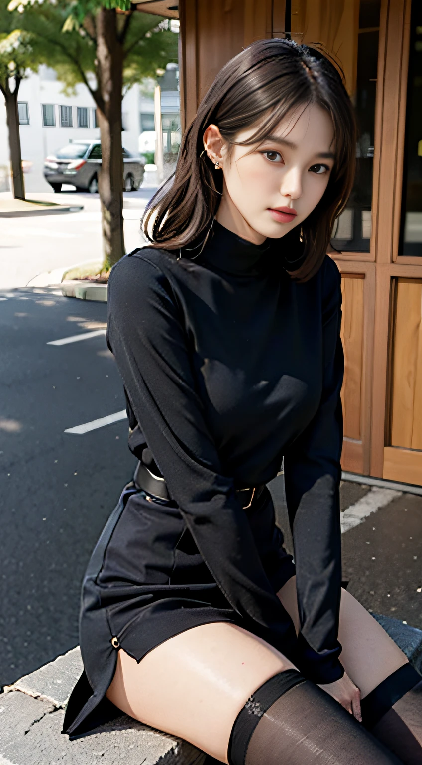 Araffe sitting on a ledge in a black dress and stockings - SeaArt AI