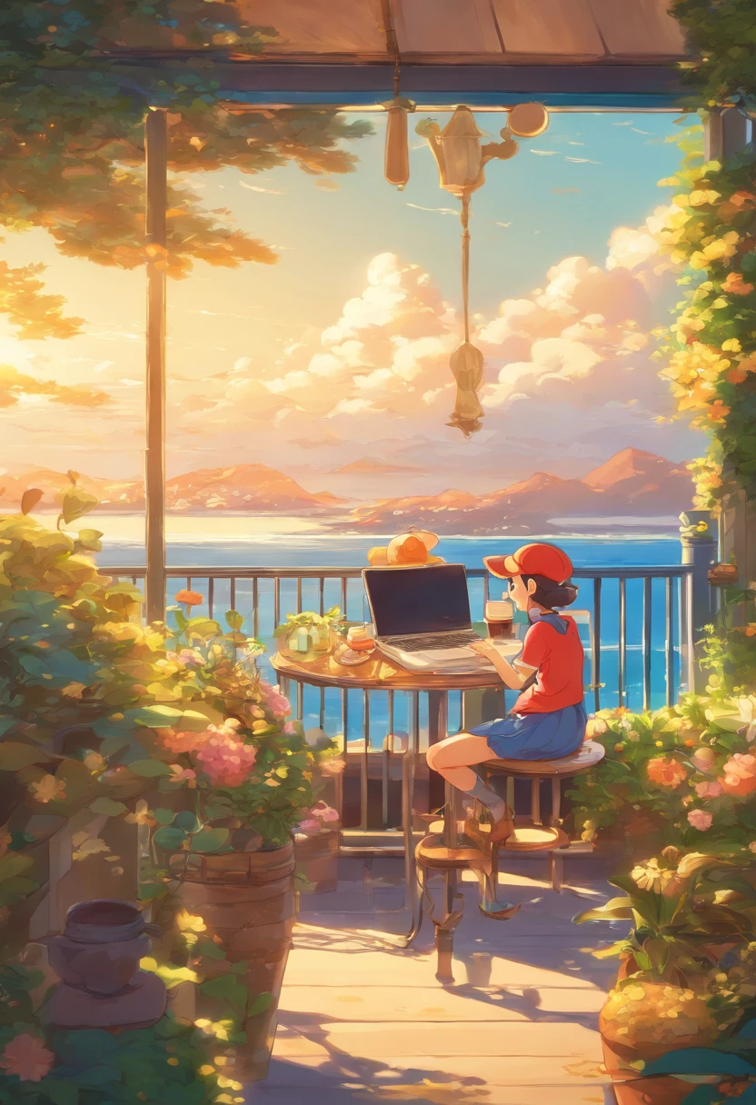 Anime setting of a woman sitting on the balcony of a café with sea view,Work on a laptop, by Miyazaki, makoto shinkai cyril rolando, Amazing Miyazaki, miyazaki's animated film, studio ghibli artstyle, beautiful anime scene, miyazaki film, Hayao Miyazaki's style, Inspired by Miyazaki, miyazaki film, ghibli art style
