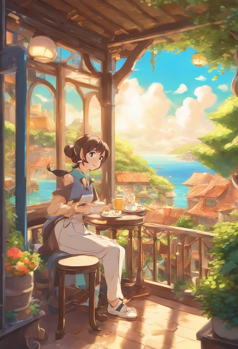 Anime setting of a woman sitting on the balcony of a café with sea view,Work on a laptop, by Miyazaki, makoto shinkai cyril rolando, Amazing Miyazaki, miyazaki's animated film, studio ghibli artstyle, beautiful anime scene, miyazaki film, Hayao Miyazaki's style, Inspired by Miyazaki, miyazaki film, ghibli art style