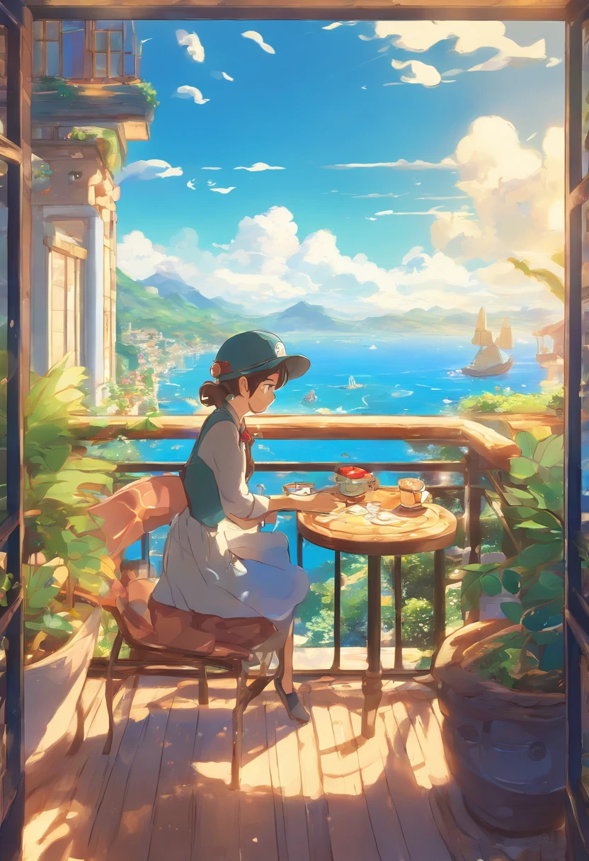 Anime setting of a woman sitting on the balcony of a café with sea view,Work on a laptop, by Miyazaki, makoto shinkai cyril rolando, Amazing Miyazaki, miyazaki's animated film, studio ghibli artstyle, beautiful anime scene, miyazaki film, Hayao Miyazaki's style, Inspired by Miyazaki, miyazaki film, ghibli art style