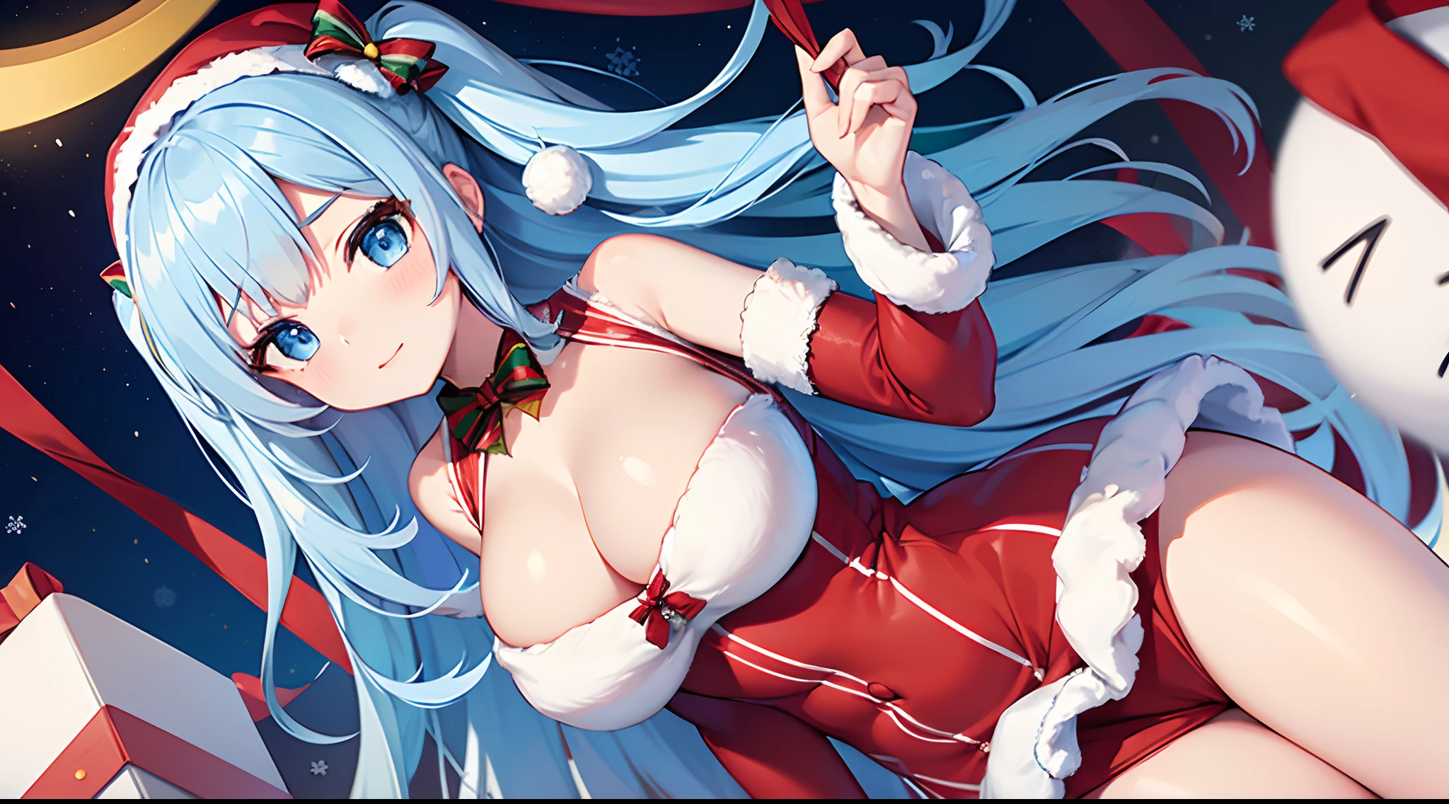 1 girl, game CG, Santa Claus costume, short skirt, cleavage visible, string hair ribbon, gigantic breasts, light blue hair, middle hair, two side up, blue eyes, Christmas background,