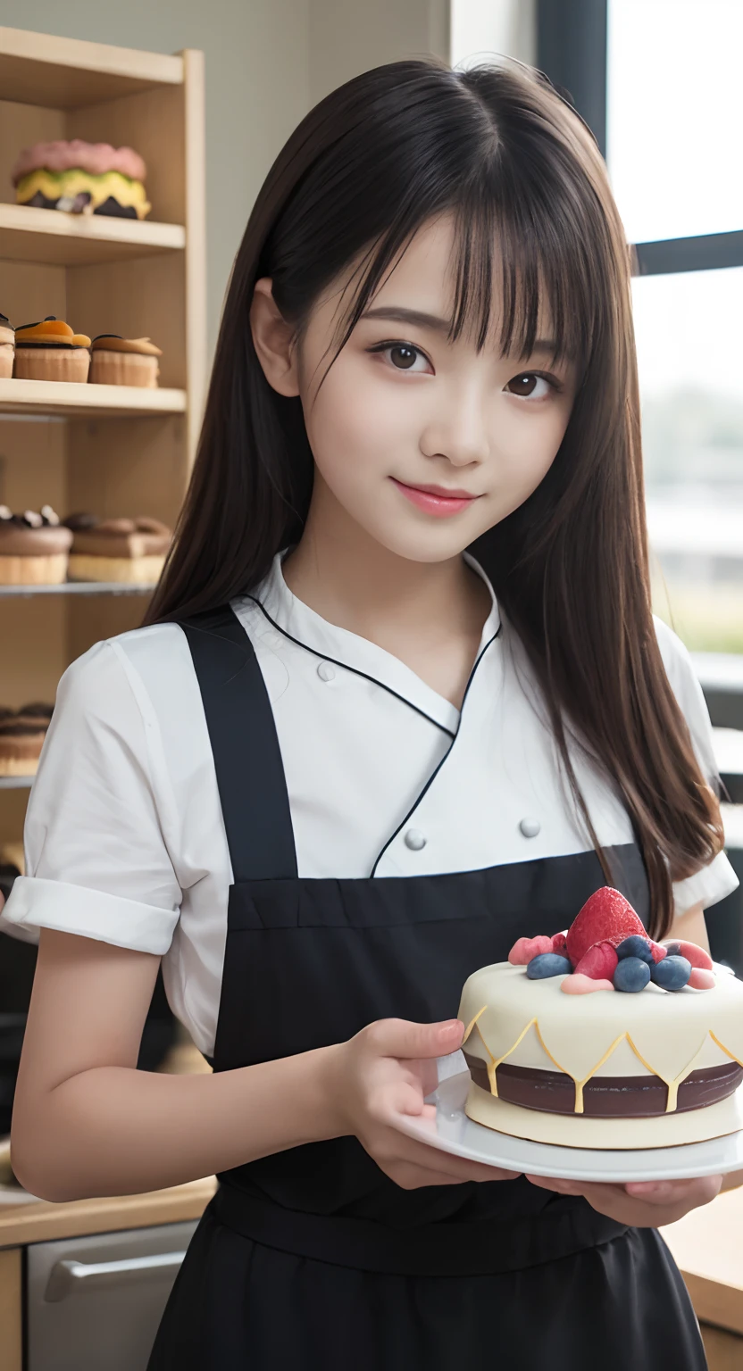 (top-quality、​masterpiece:1.2)、Best Quality、realisitic、photoshot、hight resolution、1080p、8K、Textured skin、Physical Rendering、1 Japan Girls、High school students、kawaii、Young Face、Rolled hair、(patissier:1.5)、Cake shop、full of shyness、smil、Big